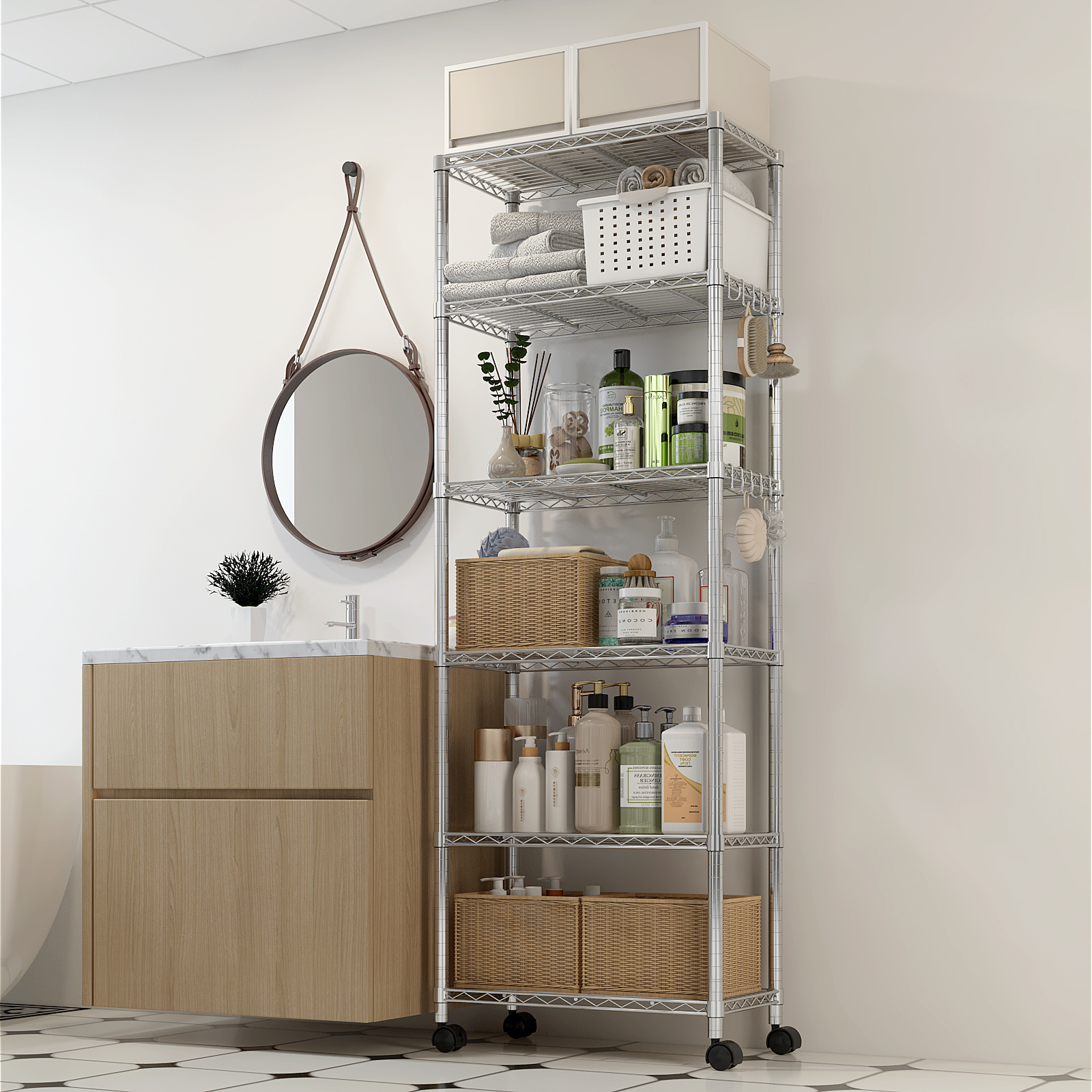 6-tier Adjustable Storage Rack Steel Organizer Wire Rack Storage Shelf Replaceable Assembly With Wheels Floor Mounted Carbon Steel Storage Rack