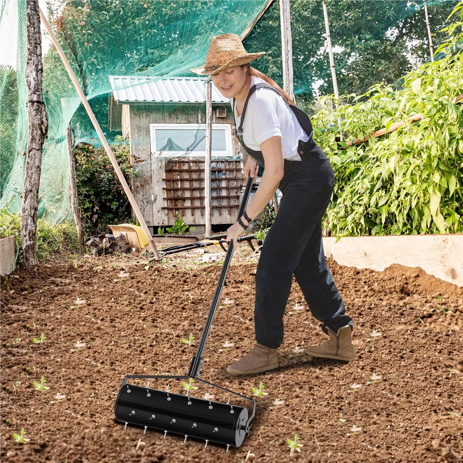 Manual Lawn Aerator Roller, 53 X 130 Cm, Grass Roller With Handle & Spikes, Handheld Rolling Dethatcher, Garden Lawn Aerator Roller, Yard And Lawn Dethatcher, Black
