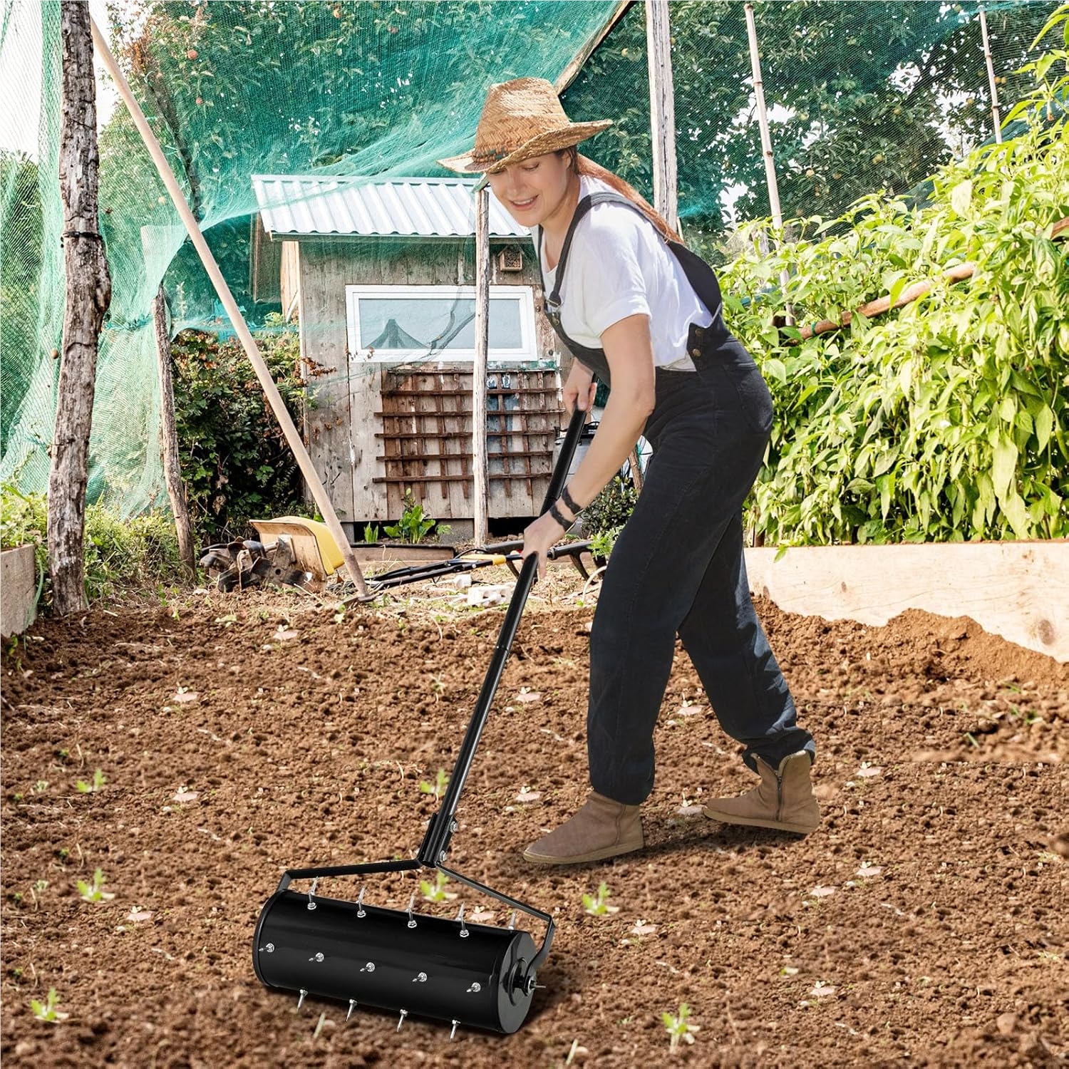 Manual Lawn Aerator Roller, 44 X 128 Cm, Grass Roller With Handle & Spikes, Handheld Rolling Dethatcher, Garden Lawn Aerator Roller, Yard And Lawn Dethatcher, Black