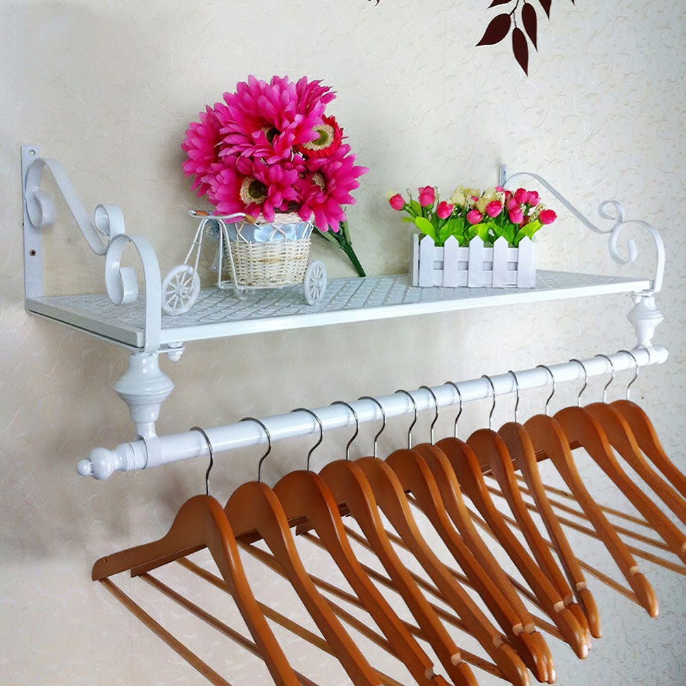 TEMU Wall Mounted Clothes Rail, White Metal Clothing Rack With Storage Shelf, Multifunctional Heavy Duty Clothes Rail Display Stand, 60cm Rod Hanging