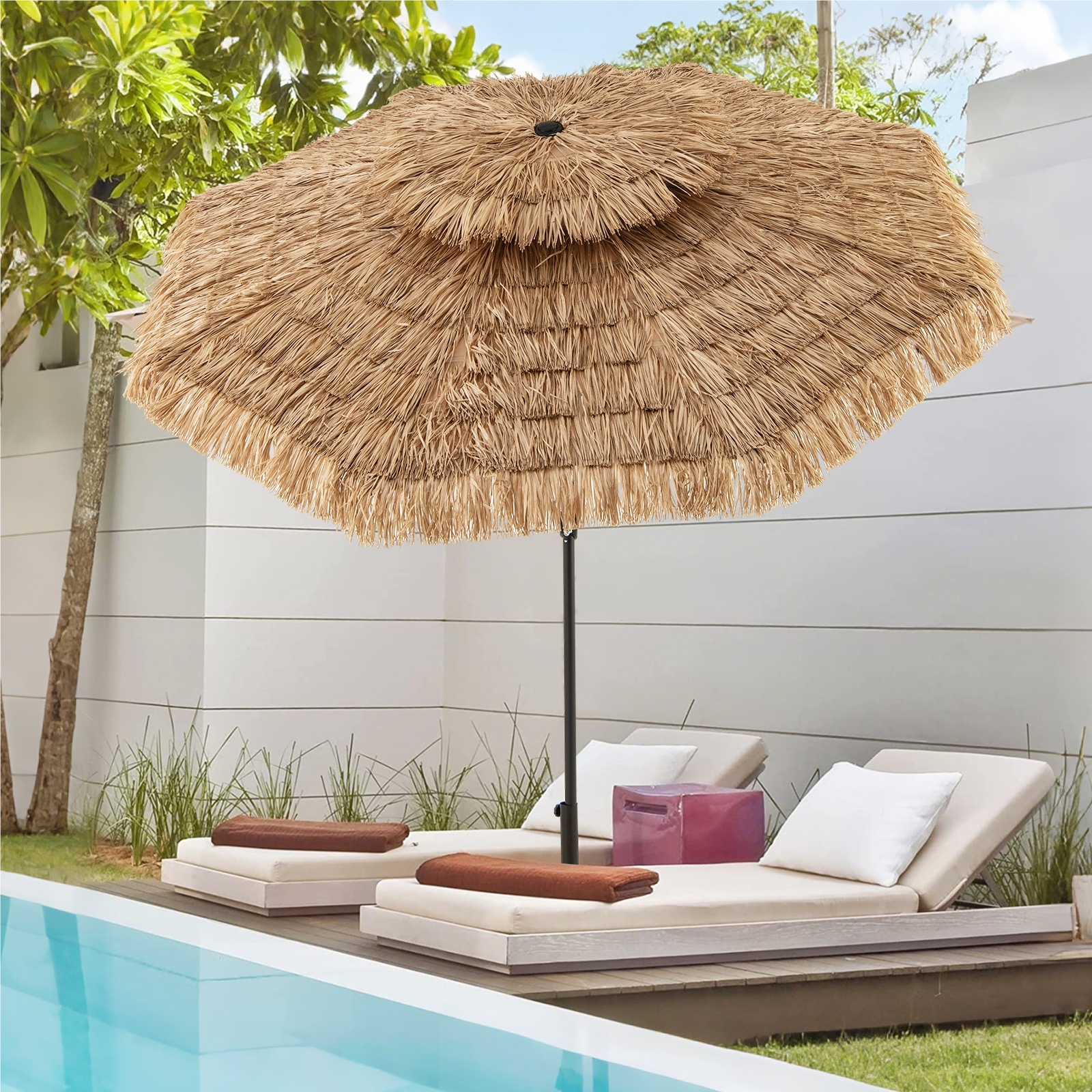 Image of 247 Cm Tall Hawaiian Umbrella, Straw-covered Patio Umbrella With 8 Ribs, Crank Handle & 35° Tilt, Umbrella For Beach, Garden, Pool Area, Nature