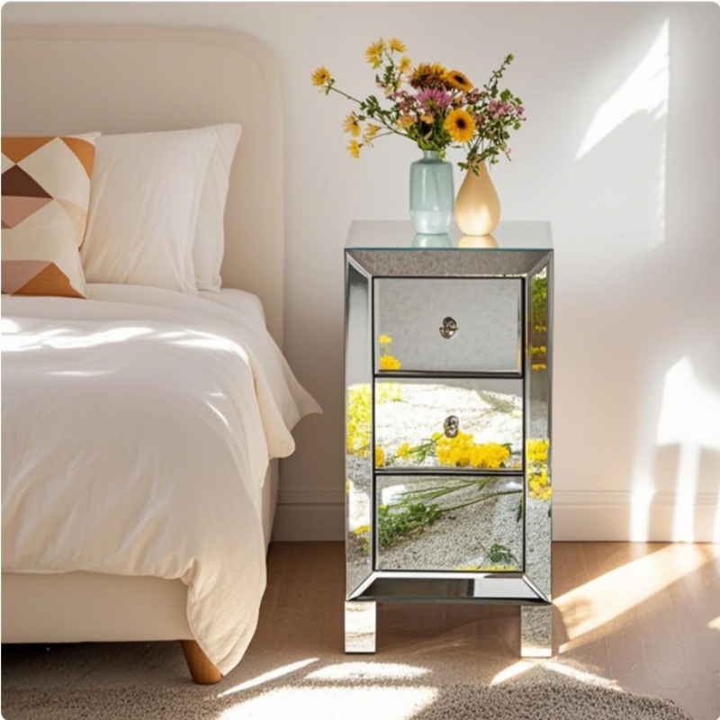 Silver Mdf Mirror Two-leg Flat Surface Three-drawer Bedside Table