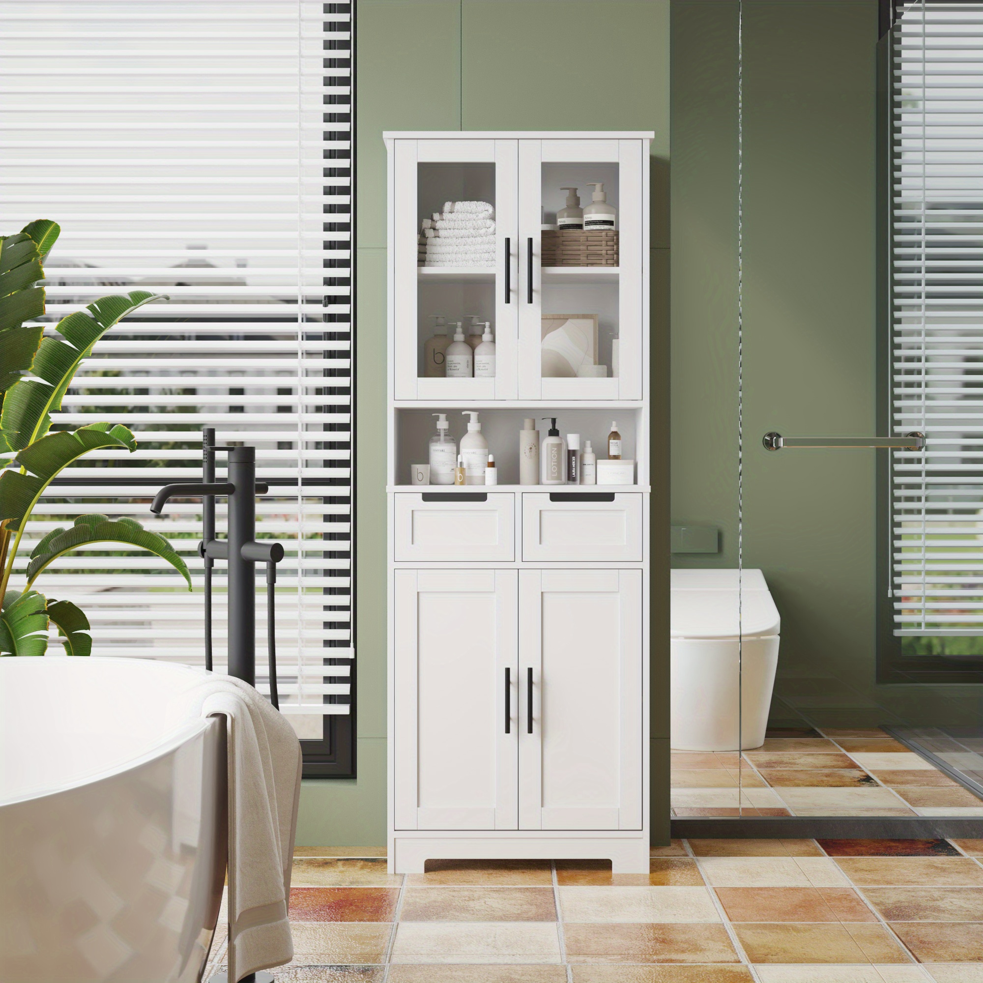 Image of Storage Cabinet With 6 Shelves & Drawer, Bathroom Storage Cabinet With Ajustable Shelves, Tall Cabinet For Living Room, Home Office, White