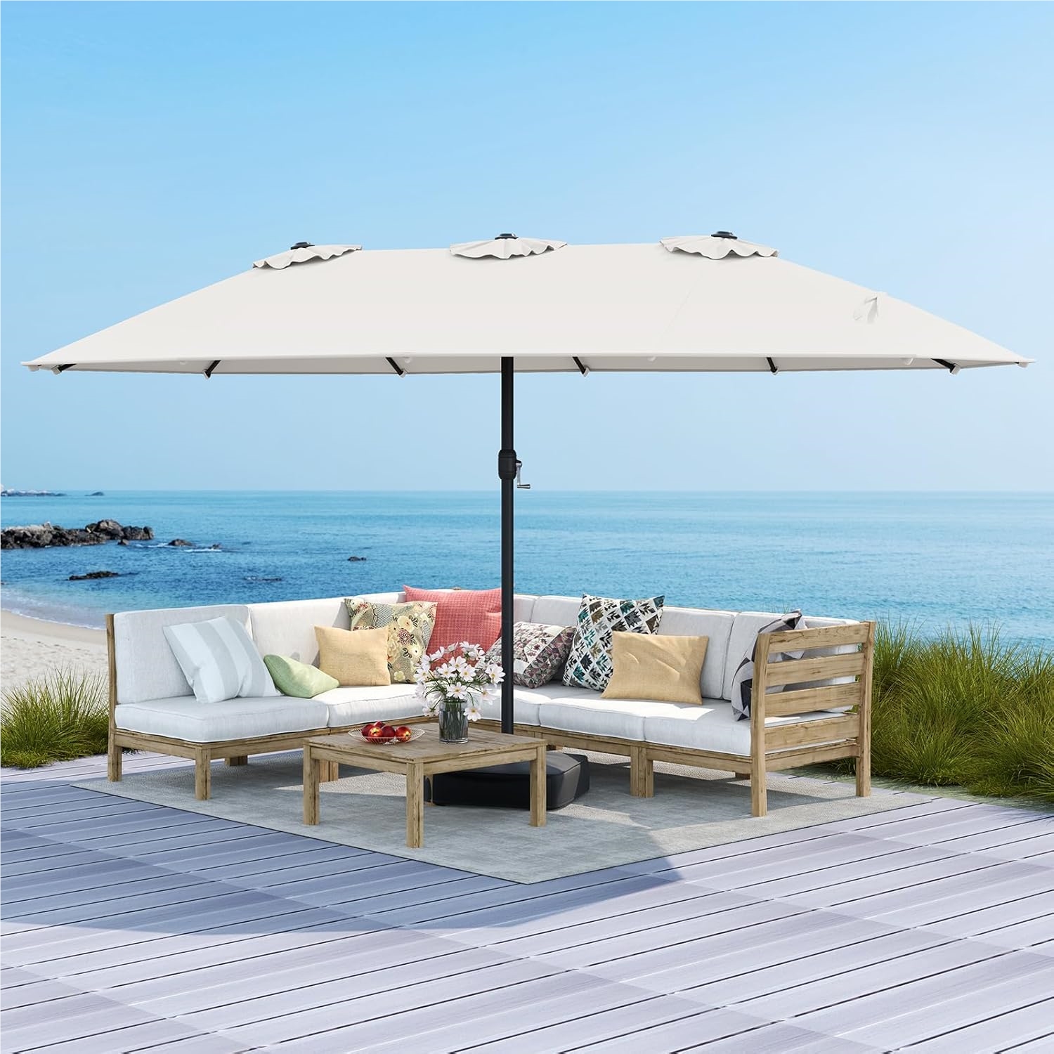Image of Umbrella With Stand, 443 X 265 Cm, Large X X L Sunshade, Upf 50+, Garden Umbrella With Crank, Patio Umbrella For Garden, Terrace & Pool (beige)