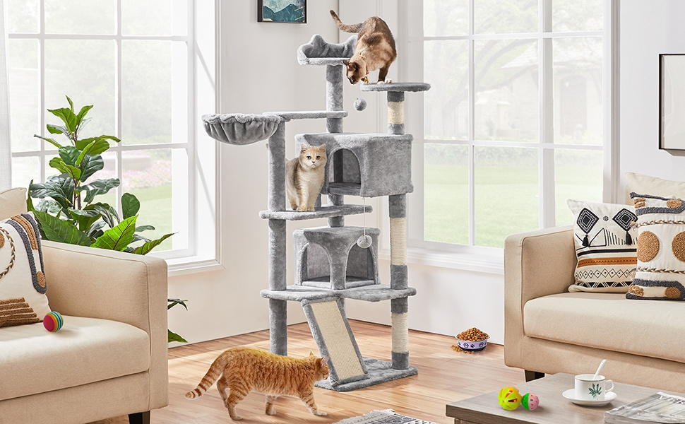 Arbre à chat à plusieurs niveaux Costoffs avec cachettes, panier, perchoirs, rampe, poteaux en sisal, boule suspendue, hauteur 146 cm