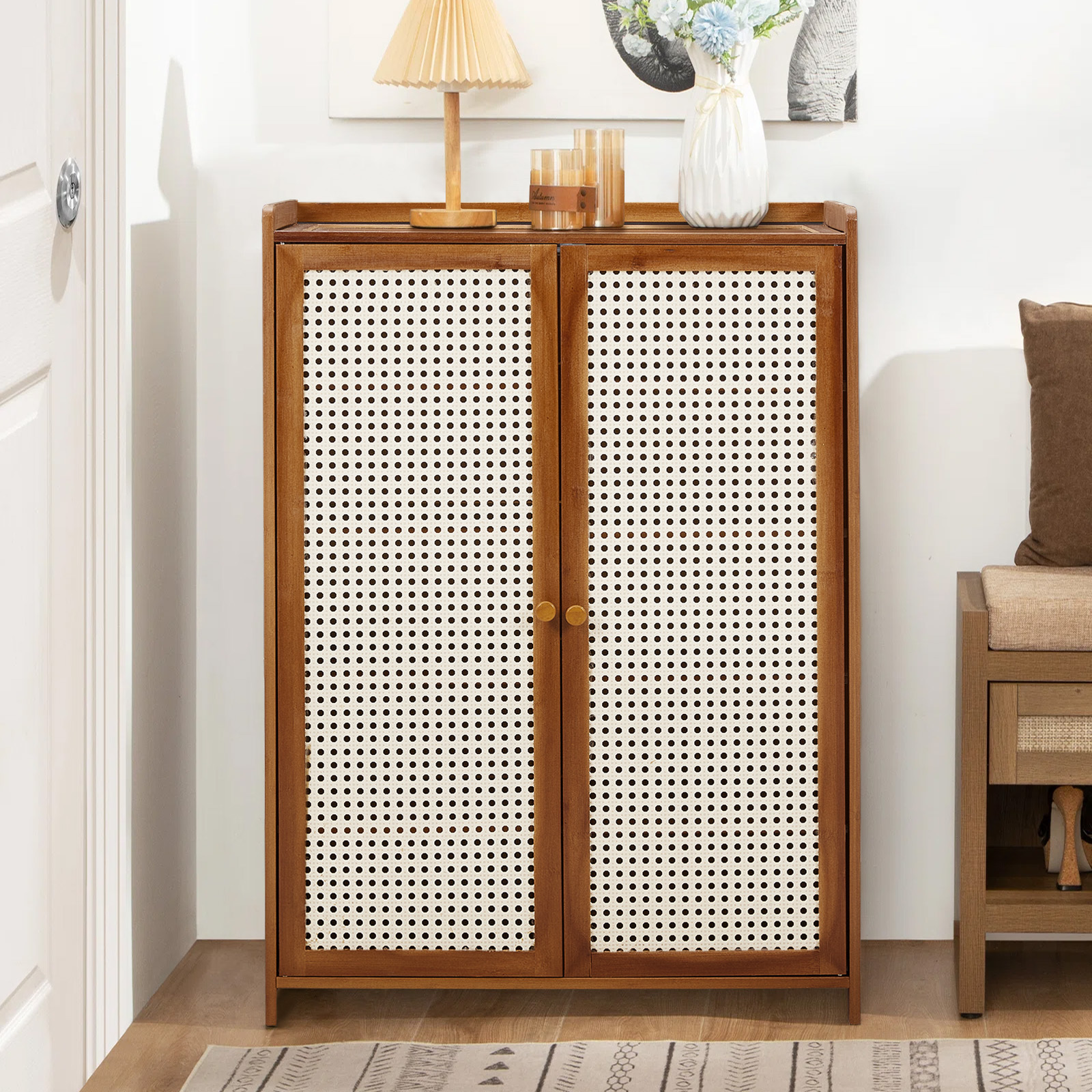 TEMU 5 Tiers Bamboo Wood Rattan Shoe Cabinet Wooden Storage Cabinet Organizer 2 Doors For Living Room, Hallway, Bedroom Rustic Shoe Cupboard