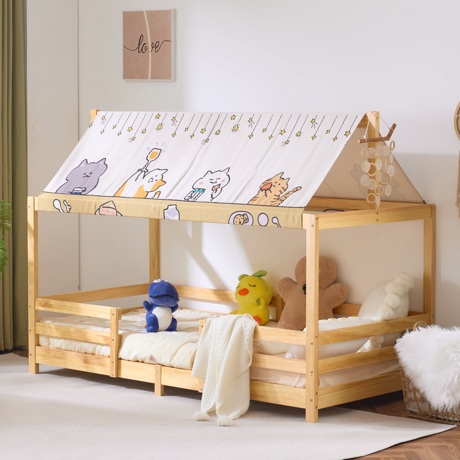 With Fabric Canopy Roof Molding White/ Color Painted Surface Pine Wood Wooden Bed Different Sizes