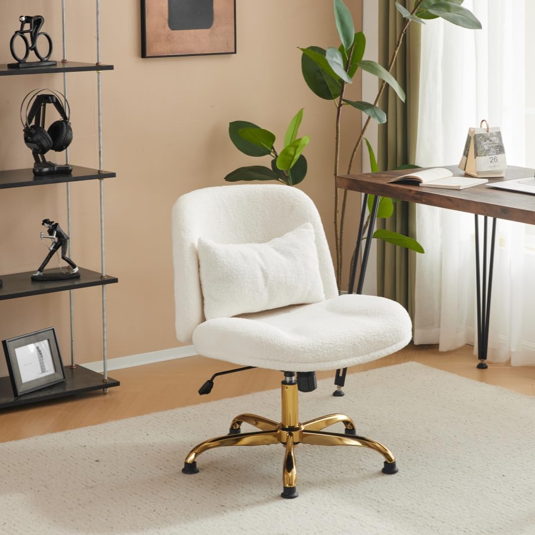 Image of Bonnlo Armless Office Chair, Chair, Makeup Vanity Chair With Lumbar Cushion, Swivel Chair With Casters, Height-adjustable Wide Desk Chair, Home Office, Teddy Fabric (beige)