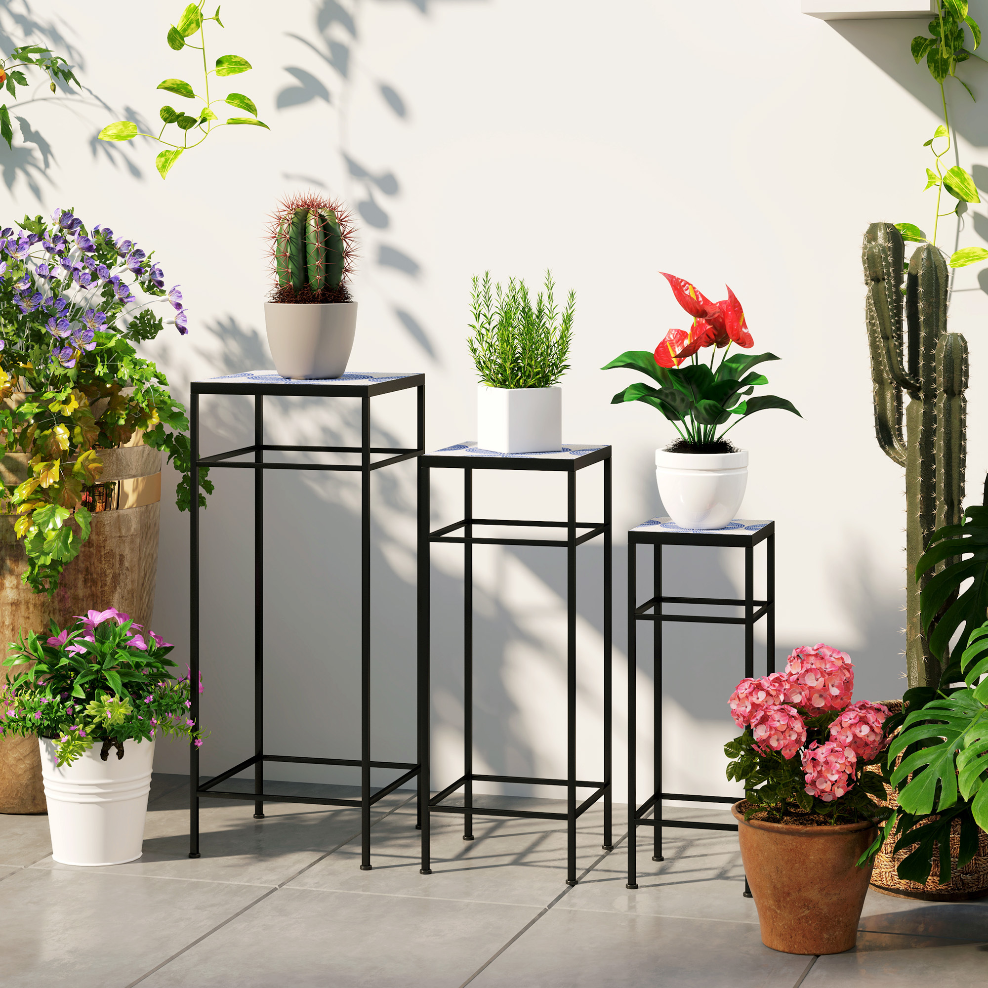 Image of 3pcs Plant Stand, 71 Cm High Flower Stand For Indoor, Metal Plant Rack, 3 Different Size Flower Rack, Flower Stool, Flower Pot Stand For Living Room Garden Balcony Blue+white