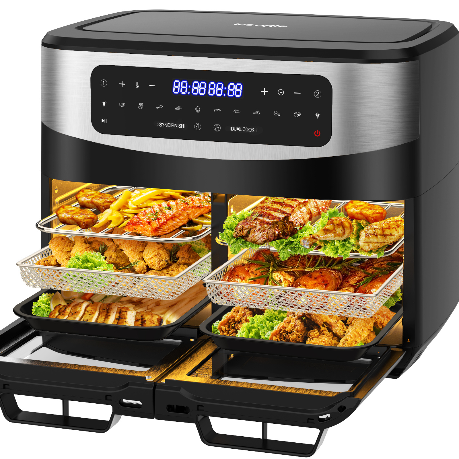 E-shop Heißluftfritteuse Doppelkammer Airfryer 12L - Heissluftfriteuse XXL Friteuse mit Sichtfenster, LED Touchscreen, 2 Fächer, 10 Programmen, Sync