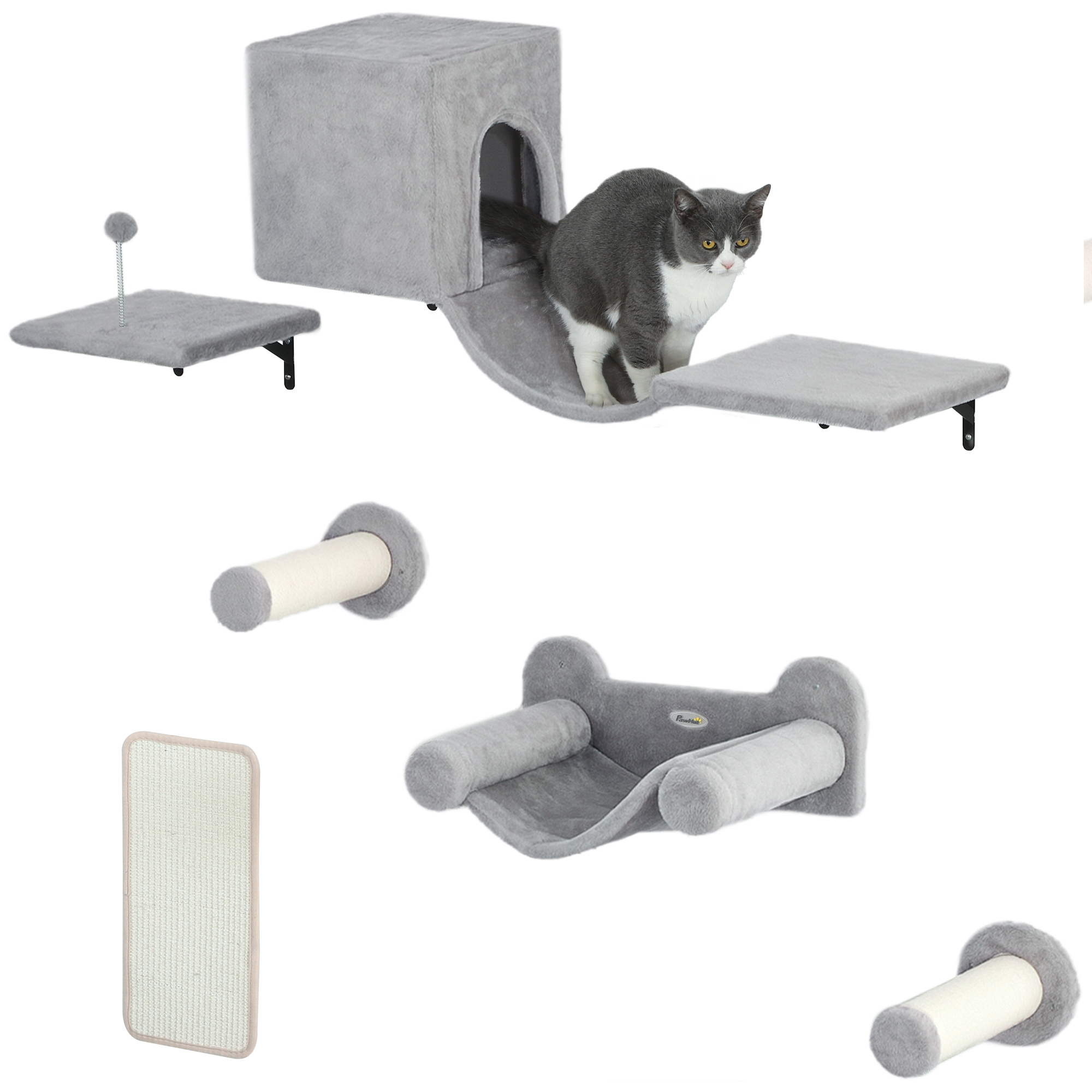 Pawhut 6pcs Cat Climbing Wall Game With Condo Platform Hammock Ladders Perch Table Scratcher Sisal Post Toy Ball Grey