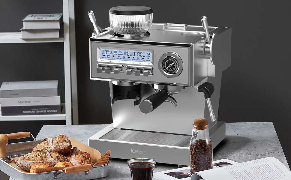 Espressomachine met Molen, 2050W Dripkoffieapparaat met 20-Bar Italiaanse Pomp, Koffiemachine met Melkopschuimer en Barista Kit, 25 Maalinstellingen, 1,6L Waterreservoir, Roestvrij Staal