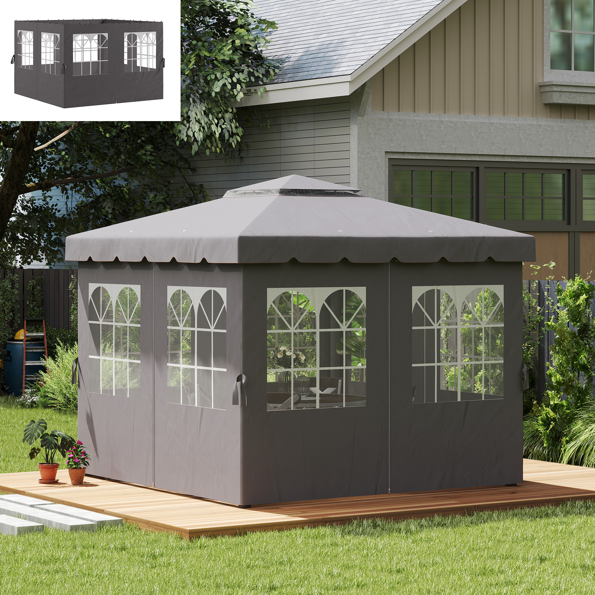 Side Wall 4pcs Set For Side Parts With 8 Windows, Hook And Loop Closure, Stable, Winter-resistant Side Wall For Party Tent, Garden , Dark Grey.