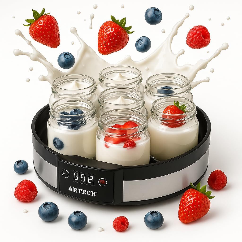 TEMU Digital Yogurt Maker With 7 Glass Jars – Electric, Compact, Stainless Steel Yogurt Maker Machine With Led Display & Timer – 180ml Glass