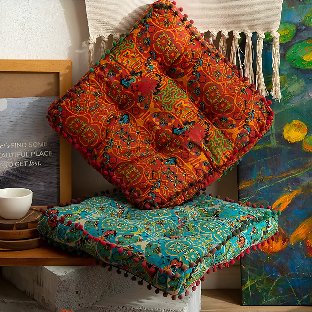 TEMU 1pc Bohemian Style Thickened Floor Cushion Seat Vintage Moroccan Tatami Floor Pillow For Meditation Home Decor Square Design, Blue/orange,