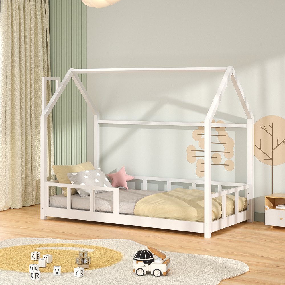 Chimney-Style Small kid Bed Frame - Protective Rails & Ventilated Slats, Space-Saving 167×87×135cm, White, In Stock Locally (No Mattress)
