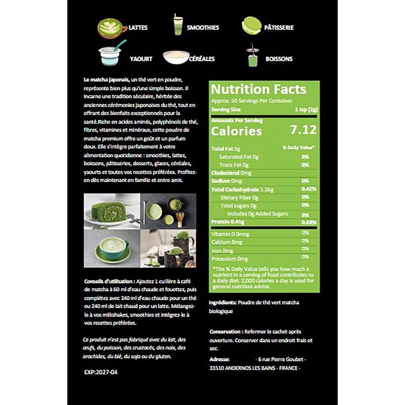 Thé Matcha BIO Prémium Japonais 100 Gr en poudre, Thé Vert, Qualité Premium