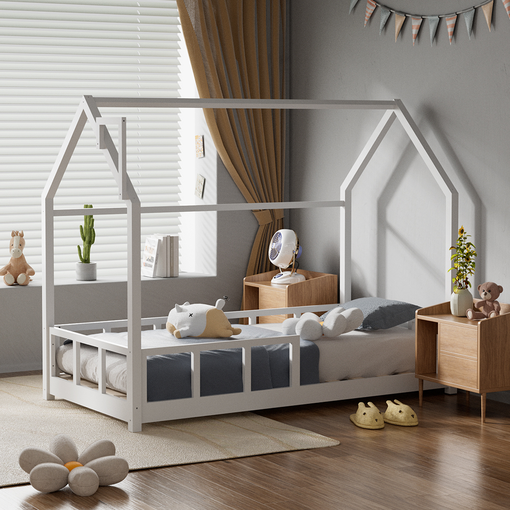 Chimney-Style Small kid Bed Frame - Protective Rails & Ventilated Slats, Space-Saving 167×87×135cm, White, In Stock Locally (No Mattress)