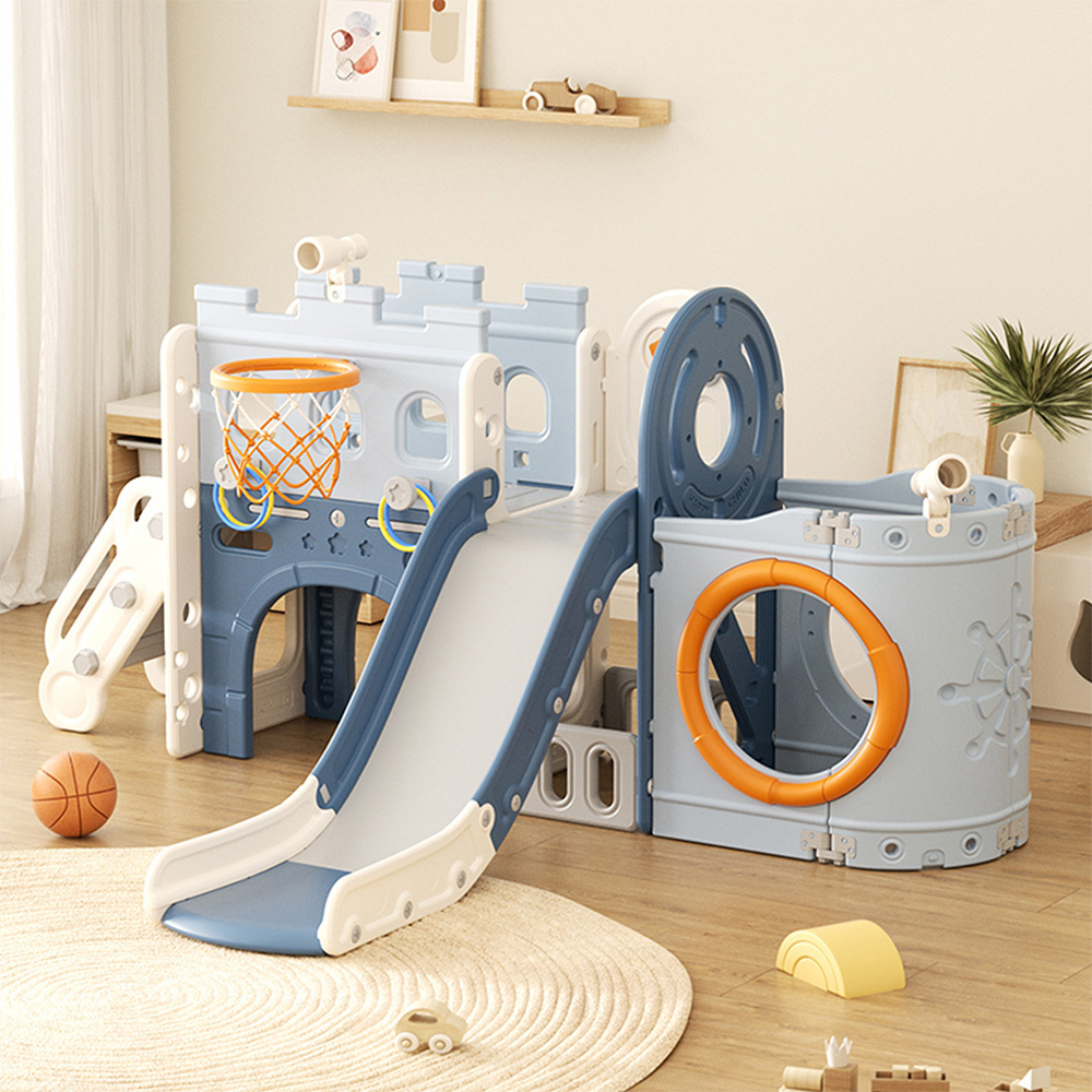 TEMU 5 In 1 Large Pirate Ship Play Slide With Boat Bow, 175cm Slide + Frame + 2 Telescopes + 4 Ring Toss Sets, Fully Enclosed Design, Durable Hdpe &