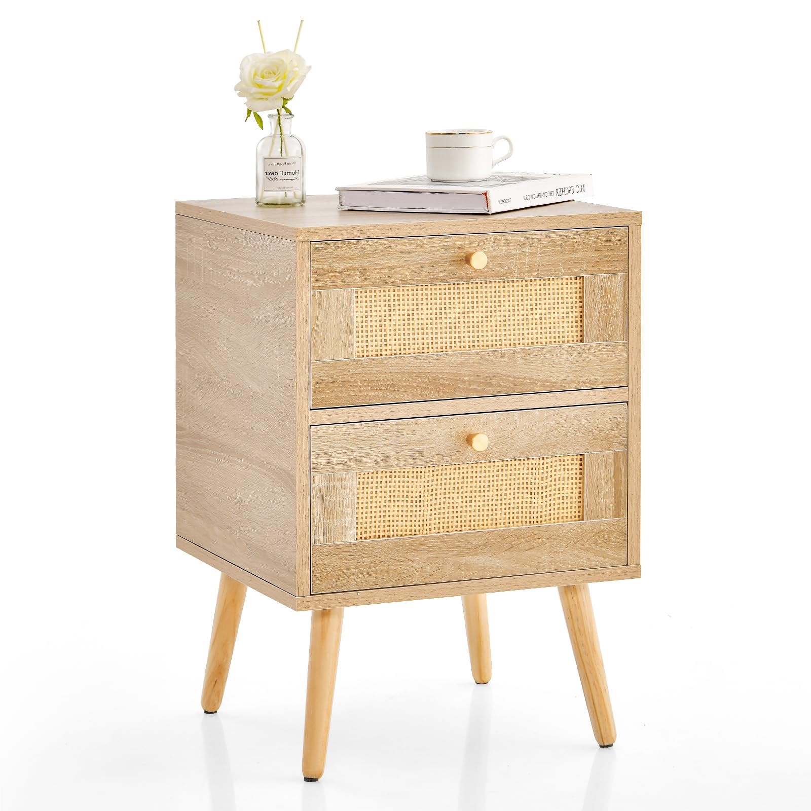 Nightstand Rattan, Nightstand With 2 Drawers And Solid Wood Legs, Side Table, Night Commode In Boho Style, Coffee Table For Bedroom, Living Room, 40 X 40 X 59 Cm, Oak