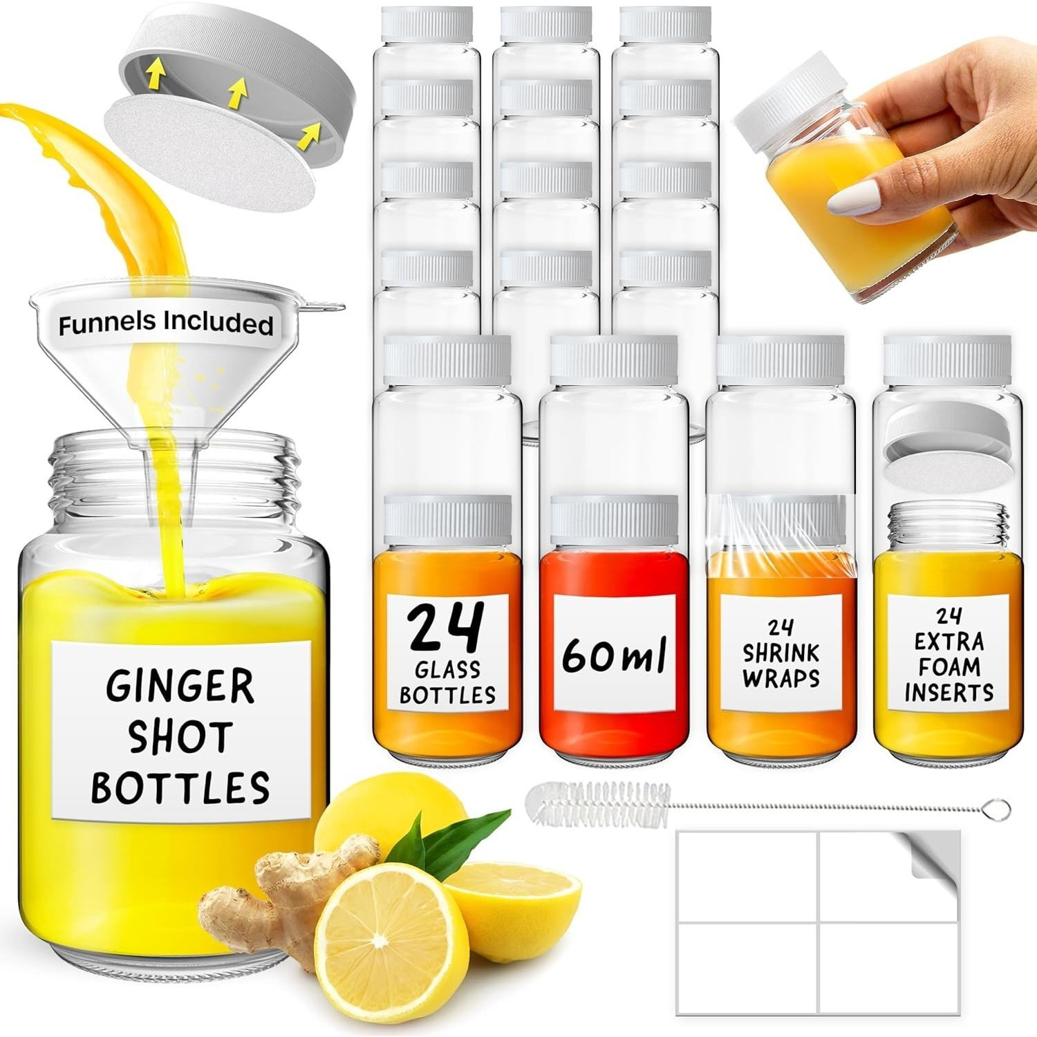 TEMU 24pcs Glass Juice Bottles - Reusable Leakproof Mini Glass Bottles, Travel Bottles, Ginger Shots, Health , Wellness, Home, Kitchen Accessories,