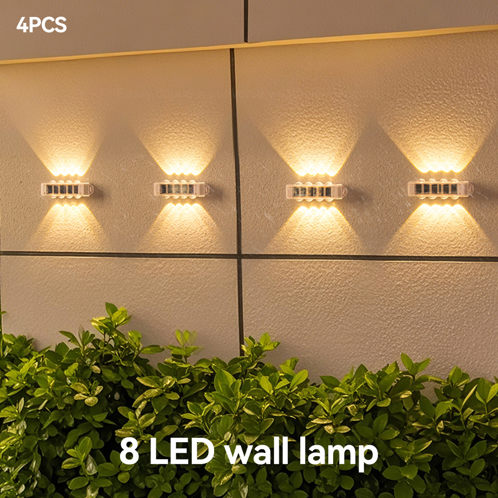 4 Pack Solar Outdoor Lights Ipx4 & 8 Led Lights Up And Down Lighting Warm Light For Fence Backyard Garden Wall Decor