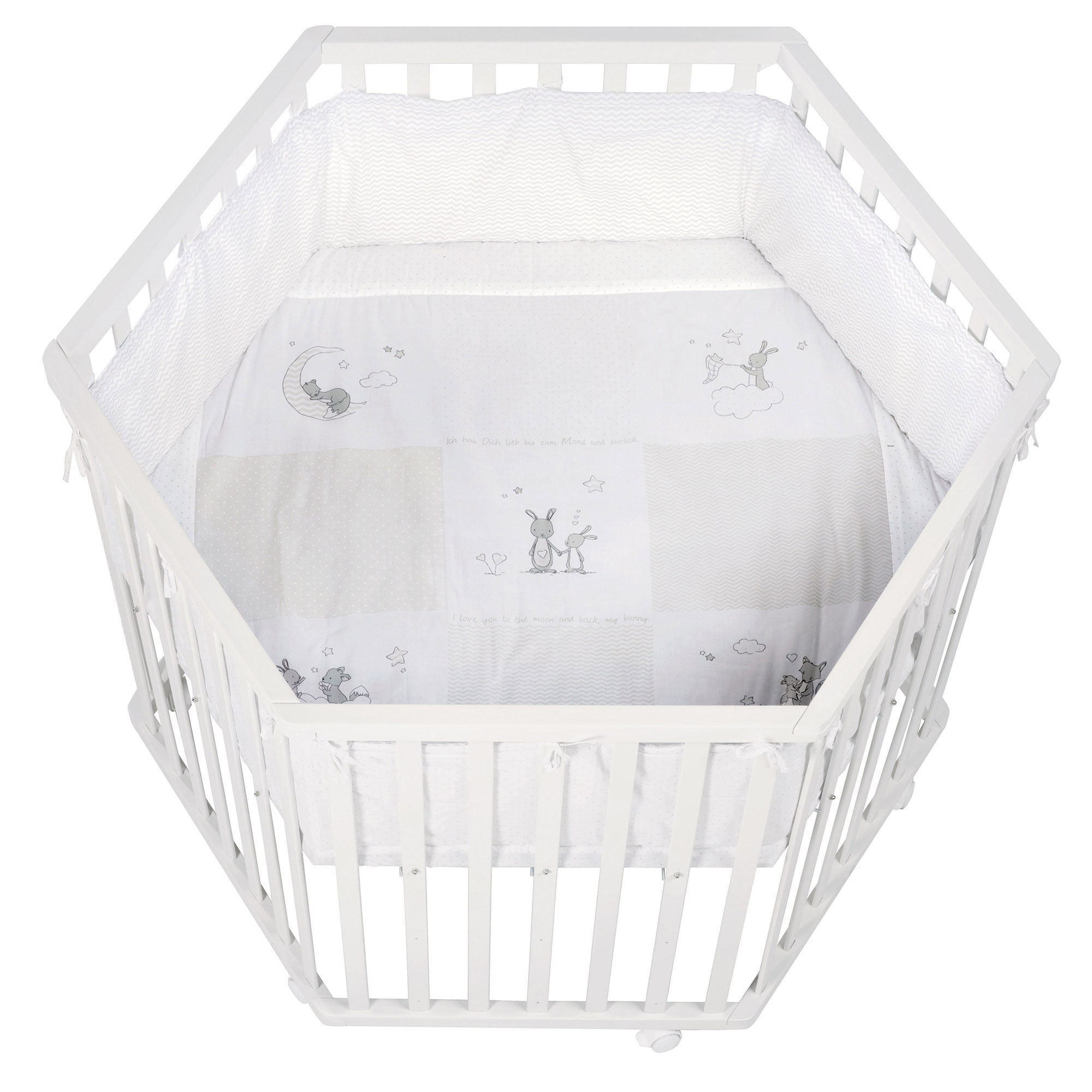 Roba Playpen '', 6-sided, Safe Playpen . Protective Insert & Wheels, White Wood