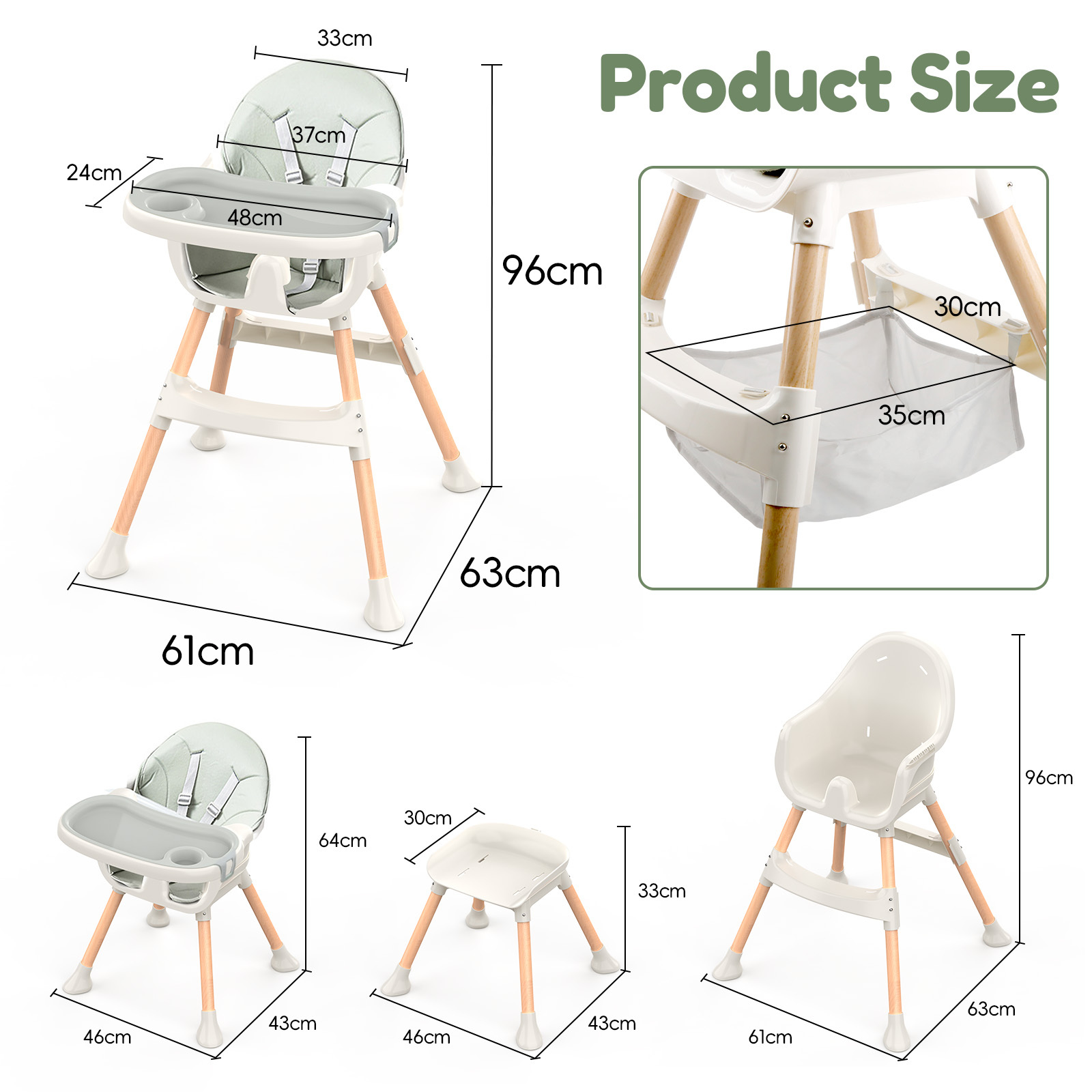 Baby High Chair 6 Months+, 4-in-1 Convertible Highchair for Babies & Toddlers with Adjustable Footrest, Detachable Double Tray, Toy Storage Basket, Easy to Clean Toddler Dining Chair for Boys & Girls