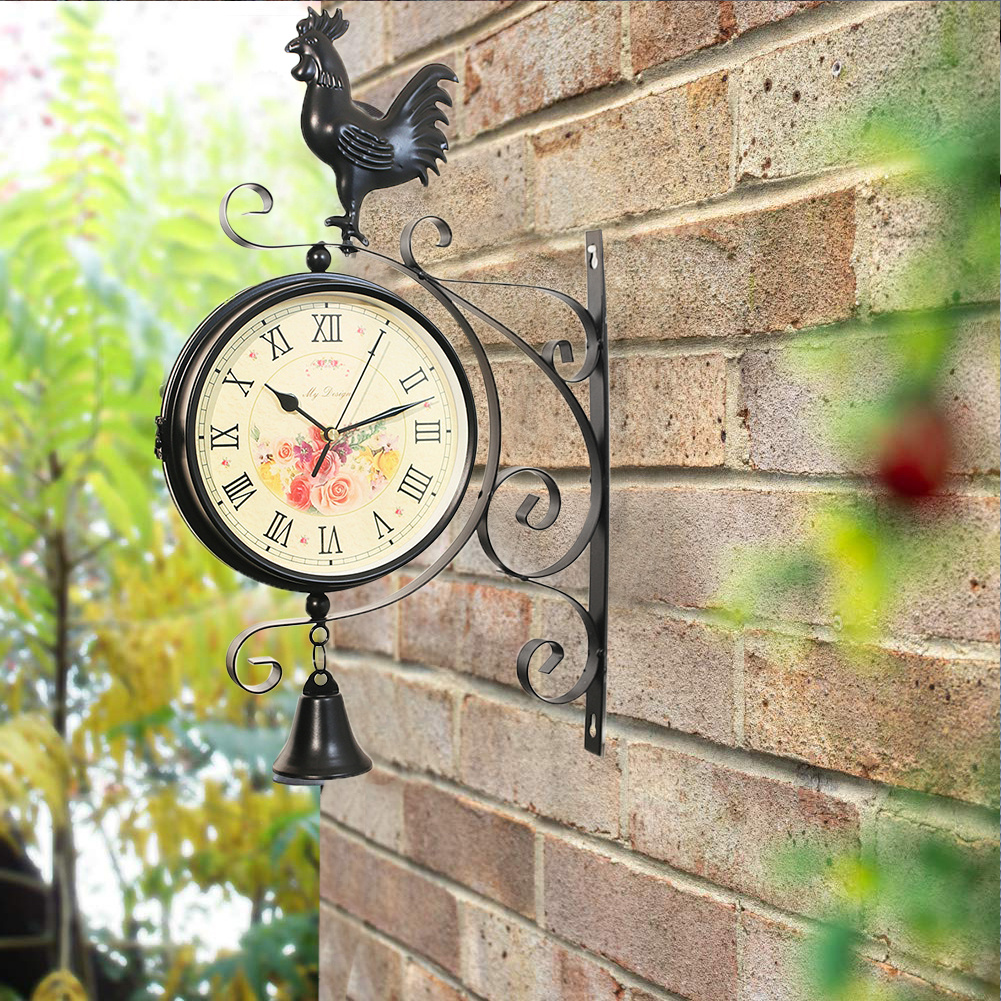 TEMU 1pc Double-sided Train Station Wall Clock, Outdoor Garden Iron Art Wall Clock With Rooster Bell & Bracket, European-style Retro Vintage Wall