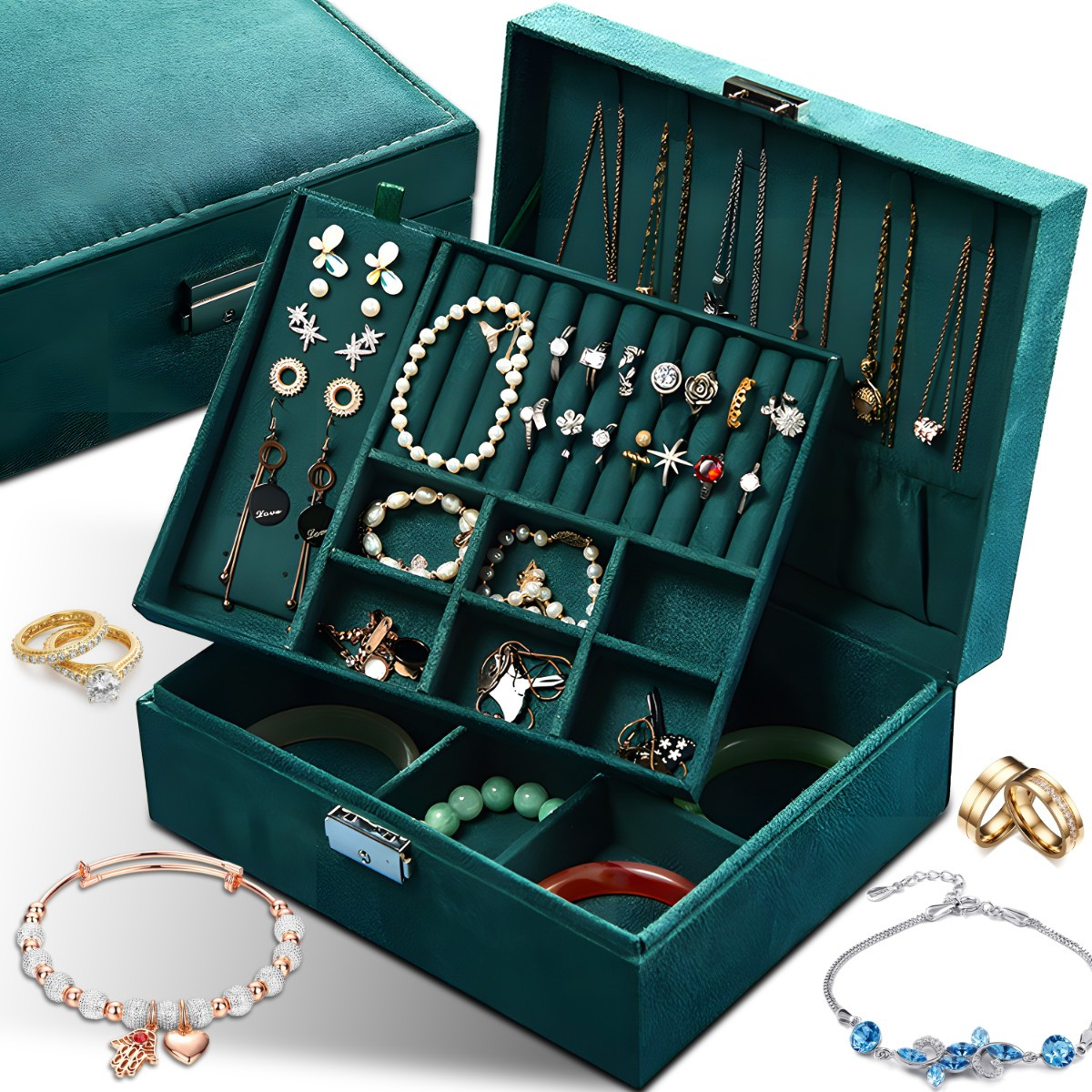 E-shop Schmuckkästchen RETOO , Organizer mit Fächern, Uhrenbox, eleganter Koffer, geräumiger Organizer für Damen, Wildleder-Organizer, abschließbar mit