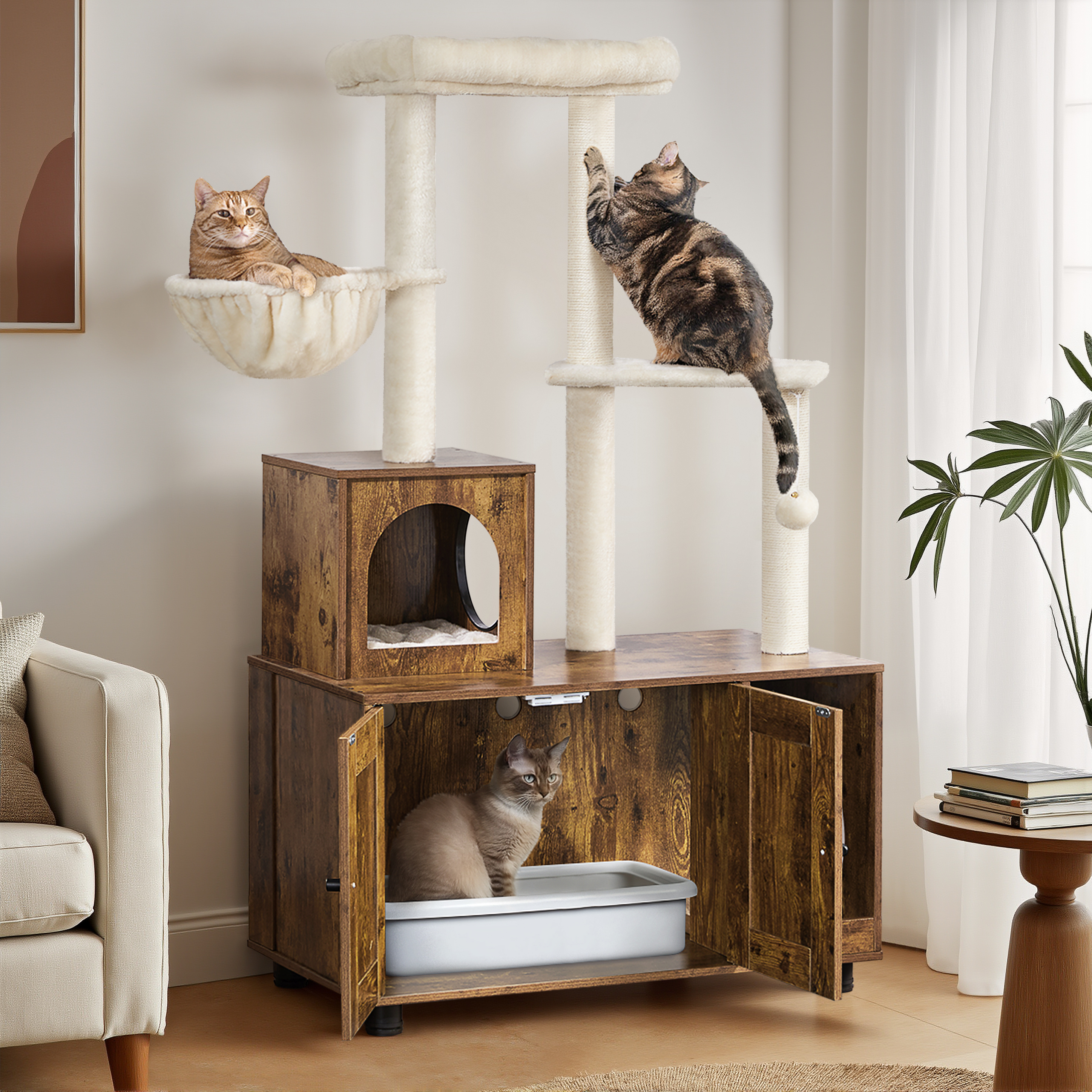 E-shop Costoffs Katzenhaus Kratzbaum mit & Kratzstamm & Kratzbrett Verdecktes, Katzenklo Beistelltisch mit Katzenhöhle & Katzenschrank