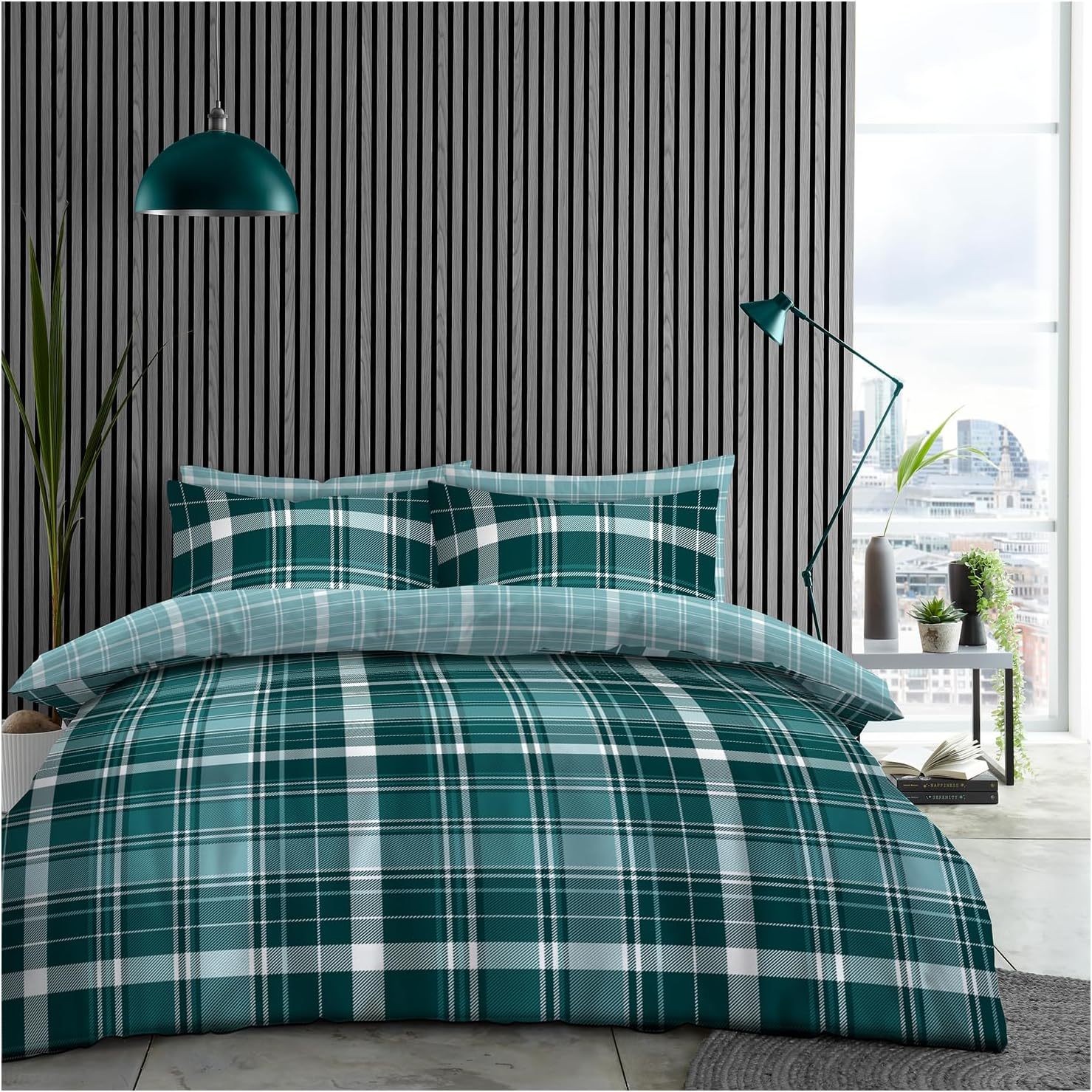 Modern Check Reversible Duvet Cover Set | Teal & Grey | Free Shipping Uk