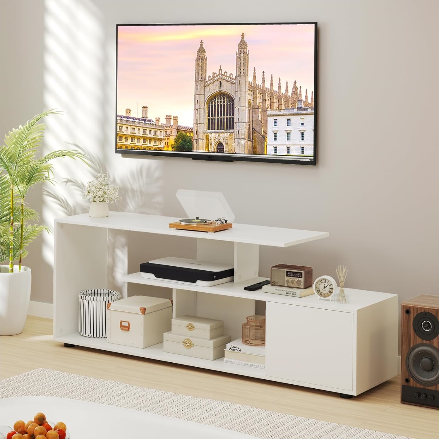 Image of Tv Cabinet, Tv Stand For Tvs Up To 55 Inches, Asymmetrical Tv Cabinet With Shelves & Cabinet, Lowboard, Tv Shelf For Living Room (white)