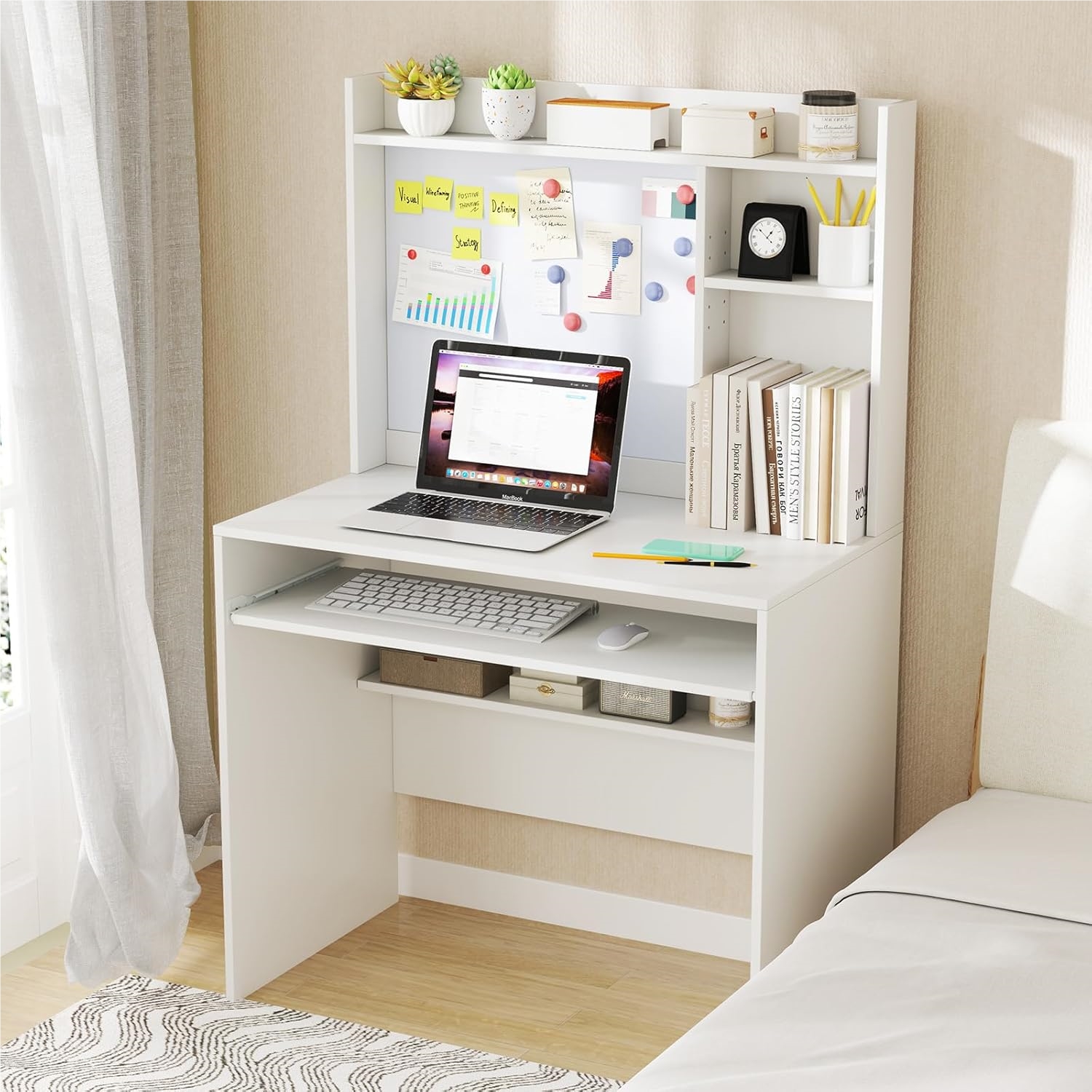 Desk With Magnetic Bulletin Board, Small Computer Desk With Extension, Keyboard Tray & Adjustable Shelf, Pc Desk, Office Desk For Home Office, 89 X 50 X 138 Cm, White