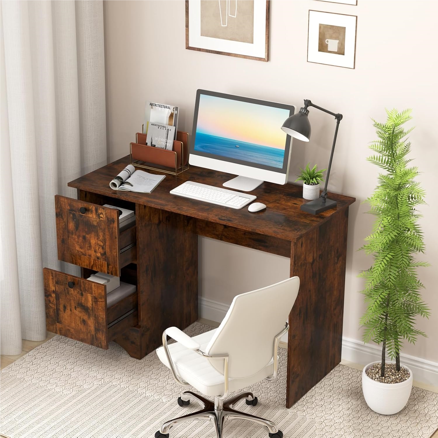 Desk With 2 Drawers, Small Computer Desk, Kids' Desk, Table, Pc Desk For Bedroom, Study Room, Office, White, 109 X 50 X 75 Cm (rustic Brown)