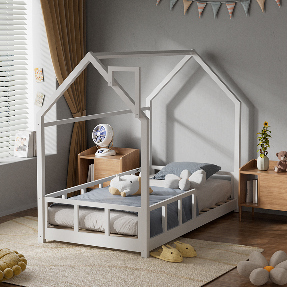 Chimney-Style Small kid Bed Frame - Protective Rails & Ventilated Slats, Space-Saving 167×87×135cm, White, In Stock Locally (No Mattress)