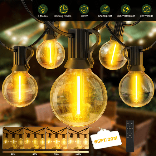 outdoor festoon lights led fairy lights 65ft 100ft 150 garden string light 20 30 45m 2 spare bulbs ip65 waterproofdimmable timer g40 bulbs hanging patio lighting with remote control for balcony garden gazebo patio awning wedding party no button battery included