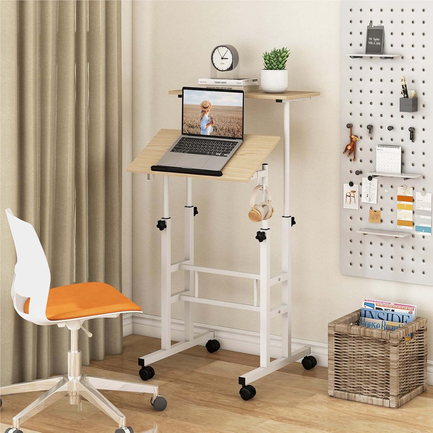 Height-adjustable Standing Desk, Mobile Computer Desk With Casters, Tiltable Desktop & , Desk, Sit-stand Desk, Laptop Desk For Home, Office (nature)