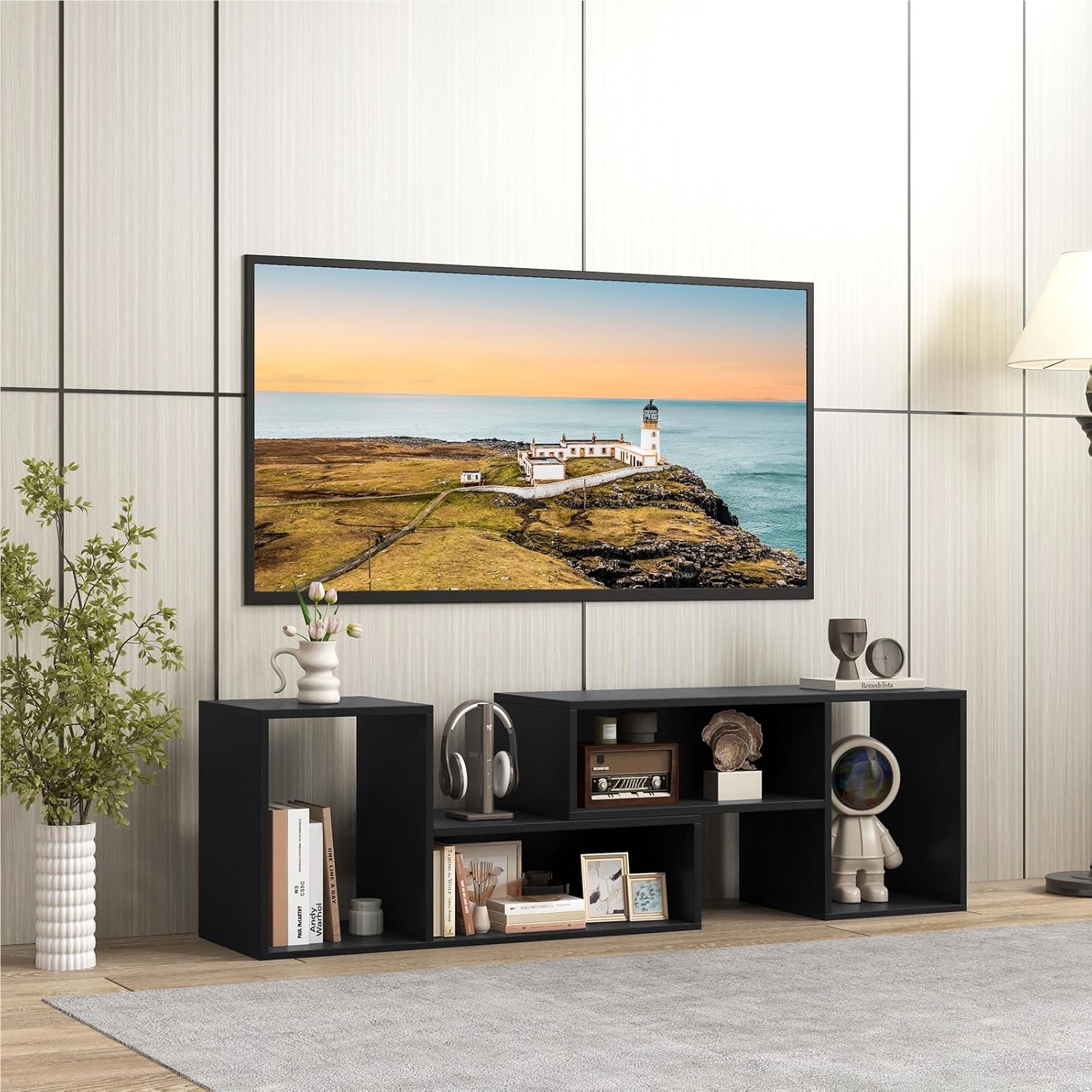 Image of Tv Cabinet - 2-piece, Free Combination, Tv Stand For Tvs Up To 60 Inches, Tv Cabinet With Open Shelves, Lowboard, Multifunctional Tv Shelf For Living Room (black)