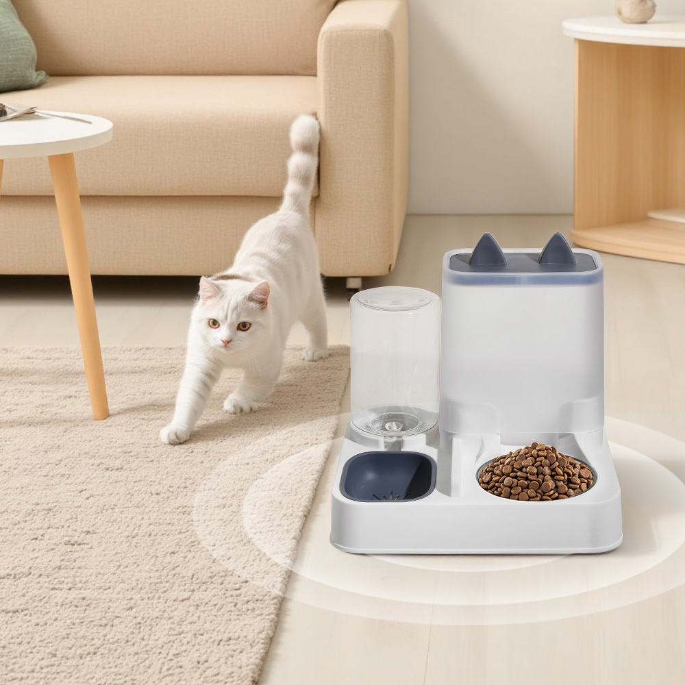 2 in 1 Automatic Pet Feeder Cat Dog Food Dispenser Water Fountain Drink Bowl, with Stainless Steel Food Bowl, 2.2L Food Capacity and 1L Water Capacity Feeder Food Water Dispenser Bowl Automatic Dog Cat Bottle Pet Feeding, 29*24*26cm