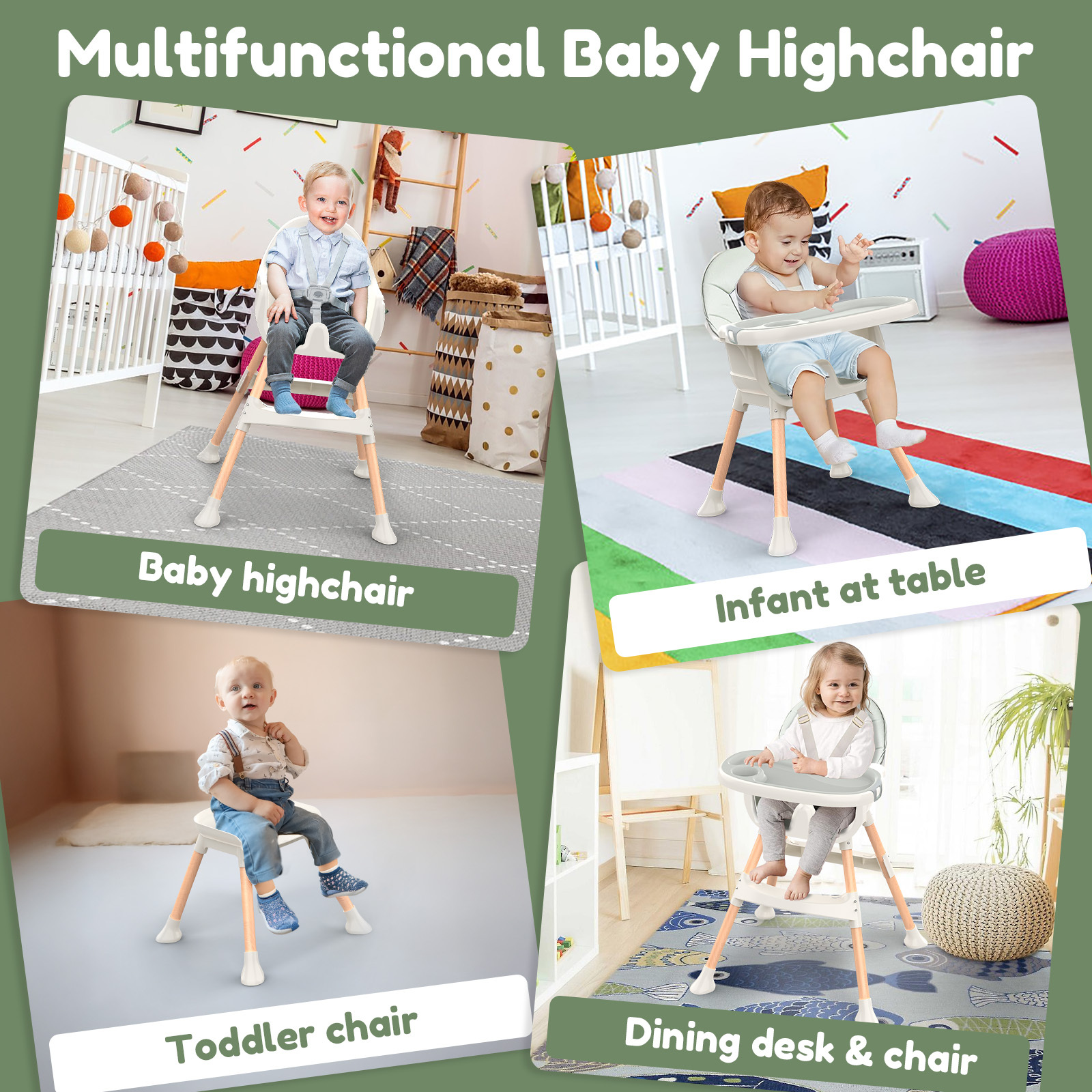 Baby High Chair 6 Months+, 4-in-1 Convertible Highchair for Babies & Toddlers with Adjustable Footrest, Detachable Double Tray, Toy Storage Basket, Easy to Clean Toddler Dining Chair for Boys & Girls