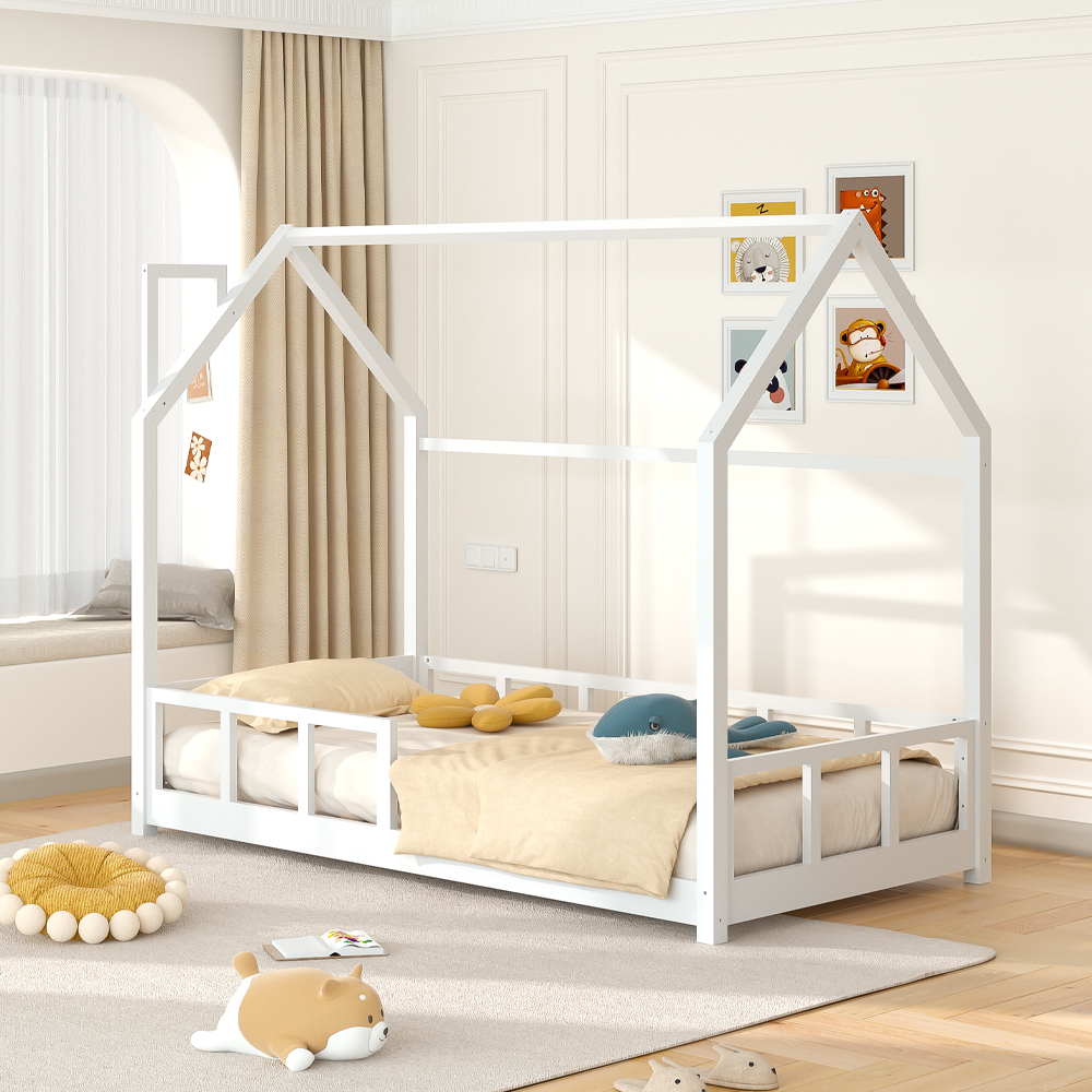 Chimney-Style Small kid Bed Frame - Protective Rails & Ventilated Slats, Space-Saving 167×87×135cm, White, In Stock Locally (No Mattress)