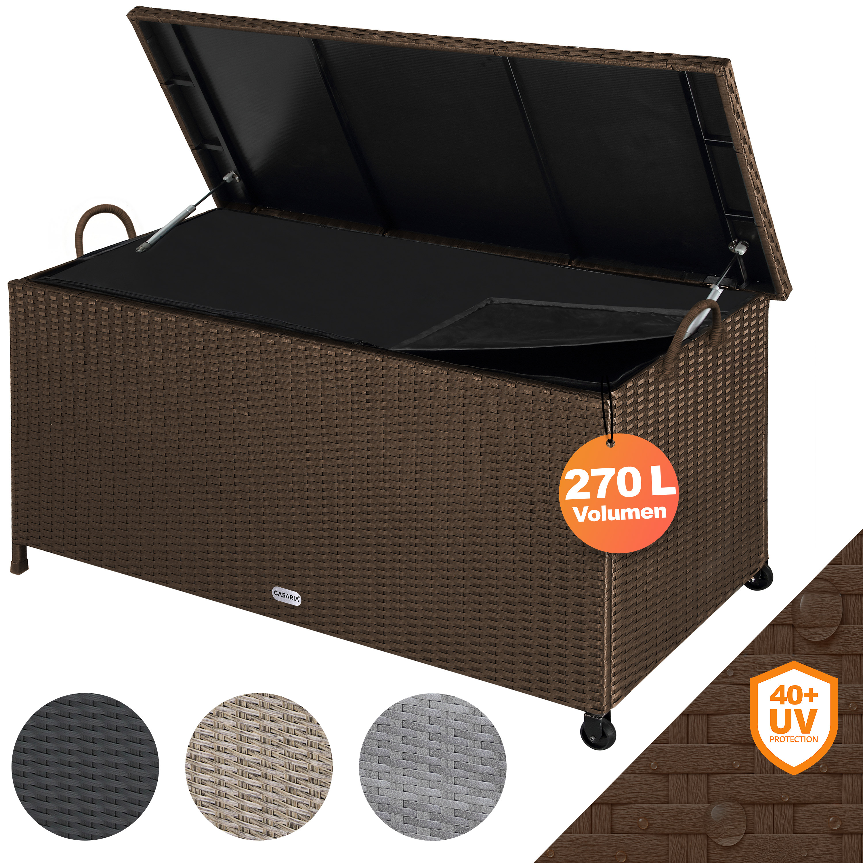 TEMU Casaria® de Almacenamiento para Jardín con Ruedas, 270L de Capacidad, Resistente a los Rayos UV, Impermeable, Manijas de de Gas, 117x53cm,