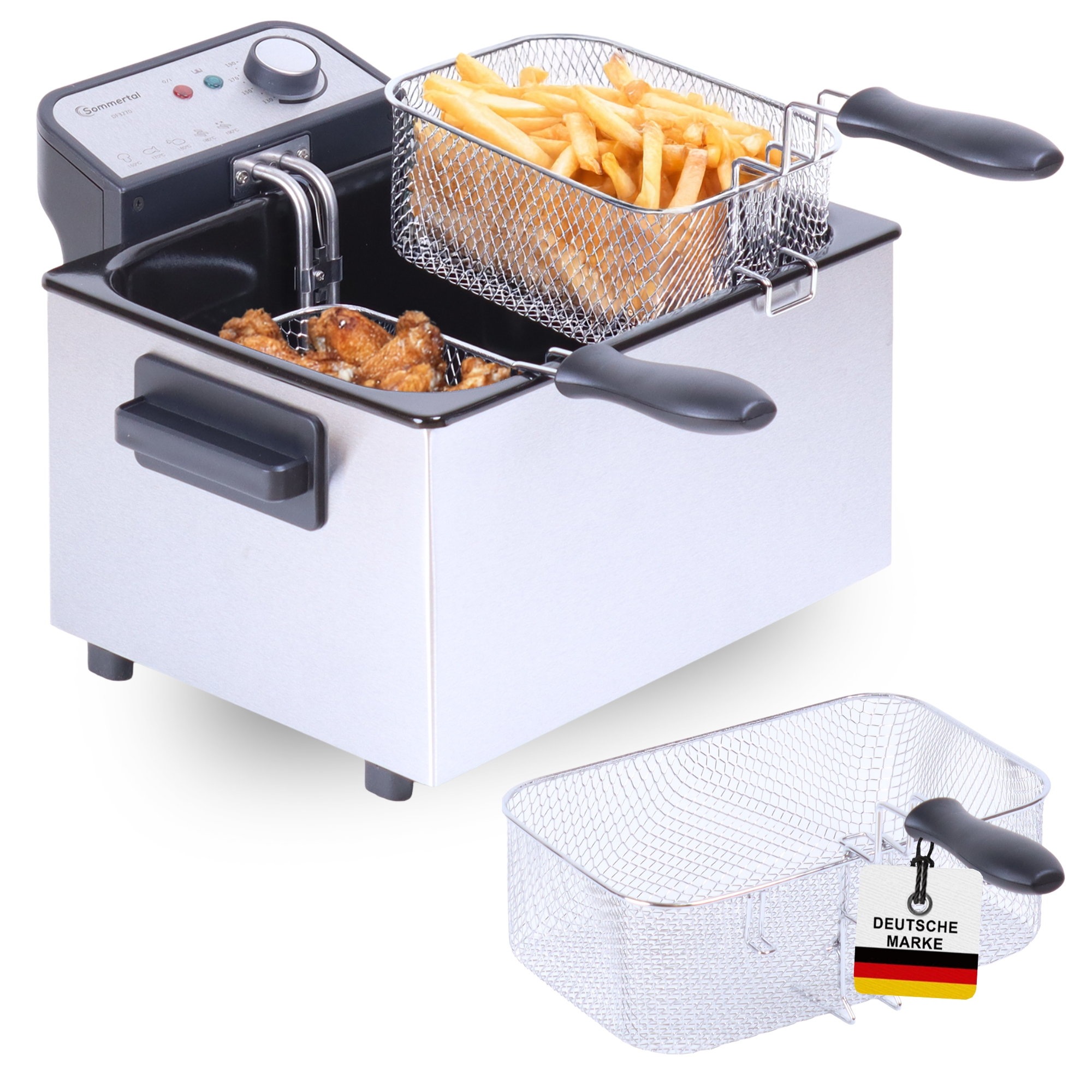 Image of Xxl Double Fryer With Oil Or Fat | Real Stainless Steel Fryer For Crispy Fries | 3000 Watt | 5 Liter | 3 Baskets | Cold Zone | Df-3270
