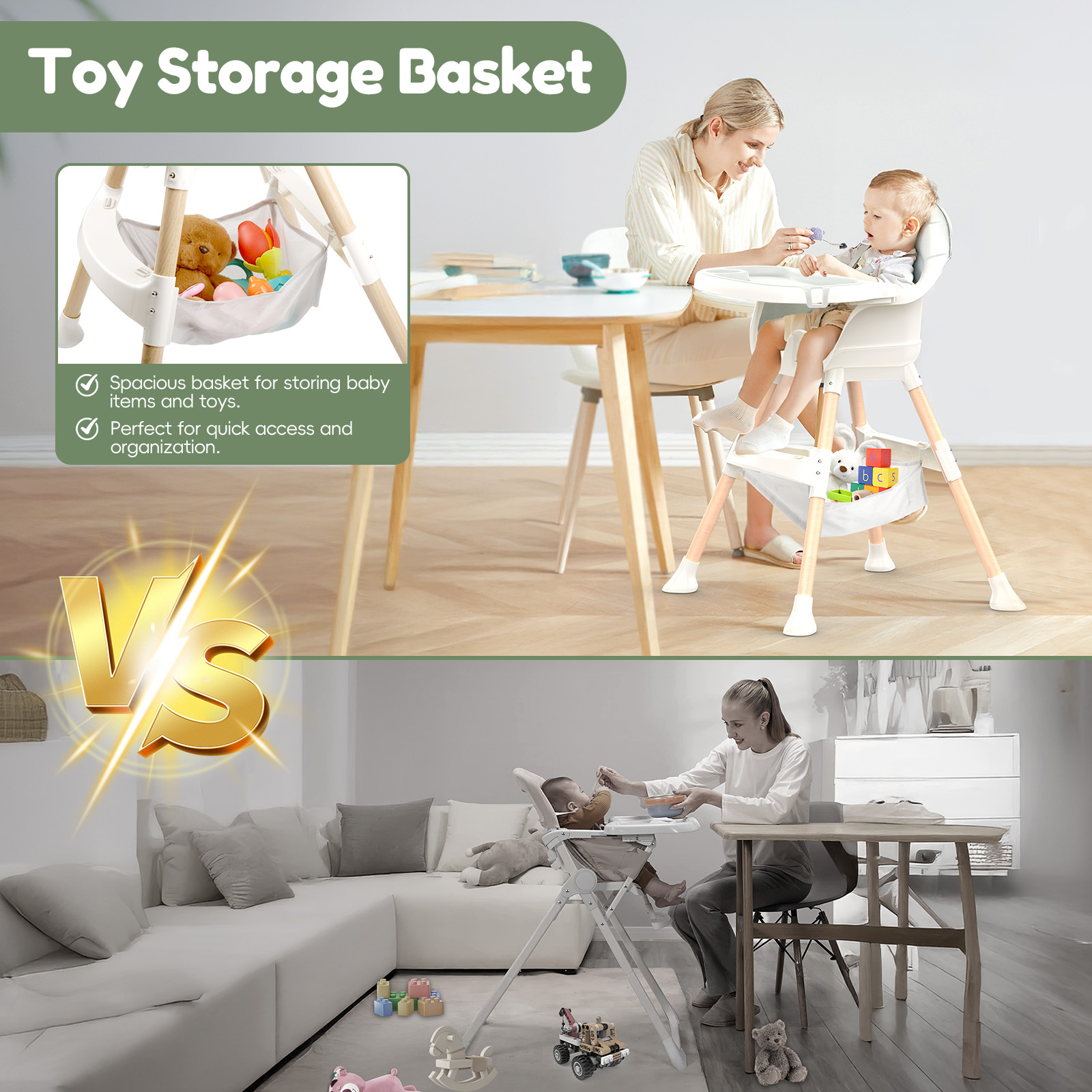 Baby High Chair 6 Months+, 4-in-1 Convertible Highchair for Babies & Toddlers with Adjustable Footrest, Detachable Double Tray, Toy Storage Basket, Easy to Clean Toddler Dining Chair for Boys & Girls