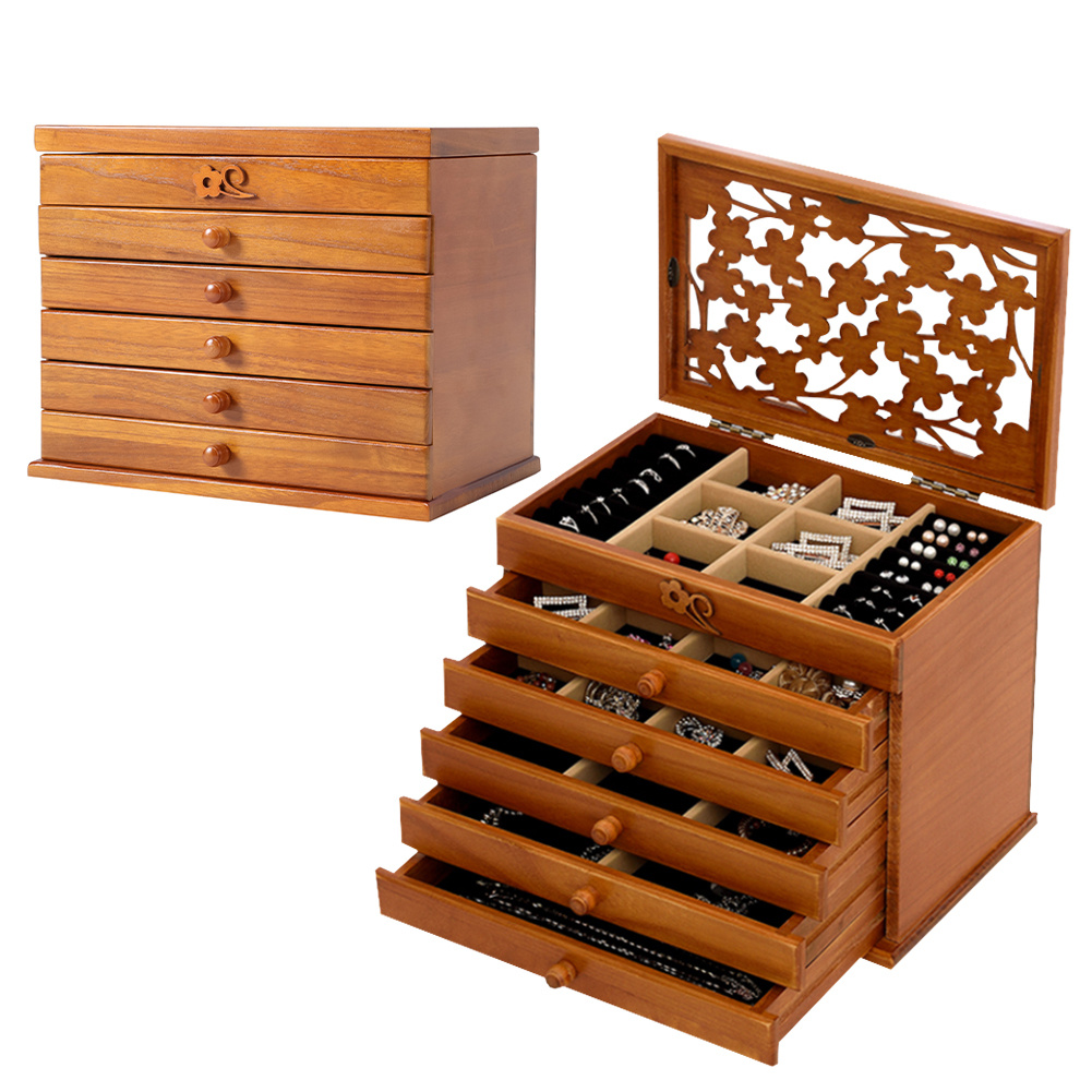 TEMU 1pc Vintage Wood Jewelry Box, Polished -layer Storage Multipurpose Drawers For Rings, Watches, And Accessories, Jewelry Boxes,high-capacity