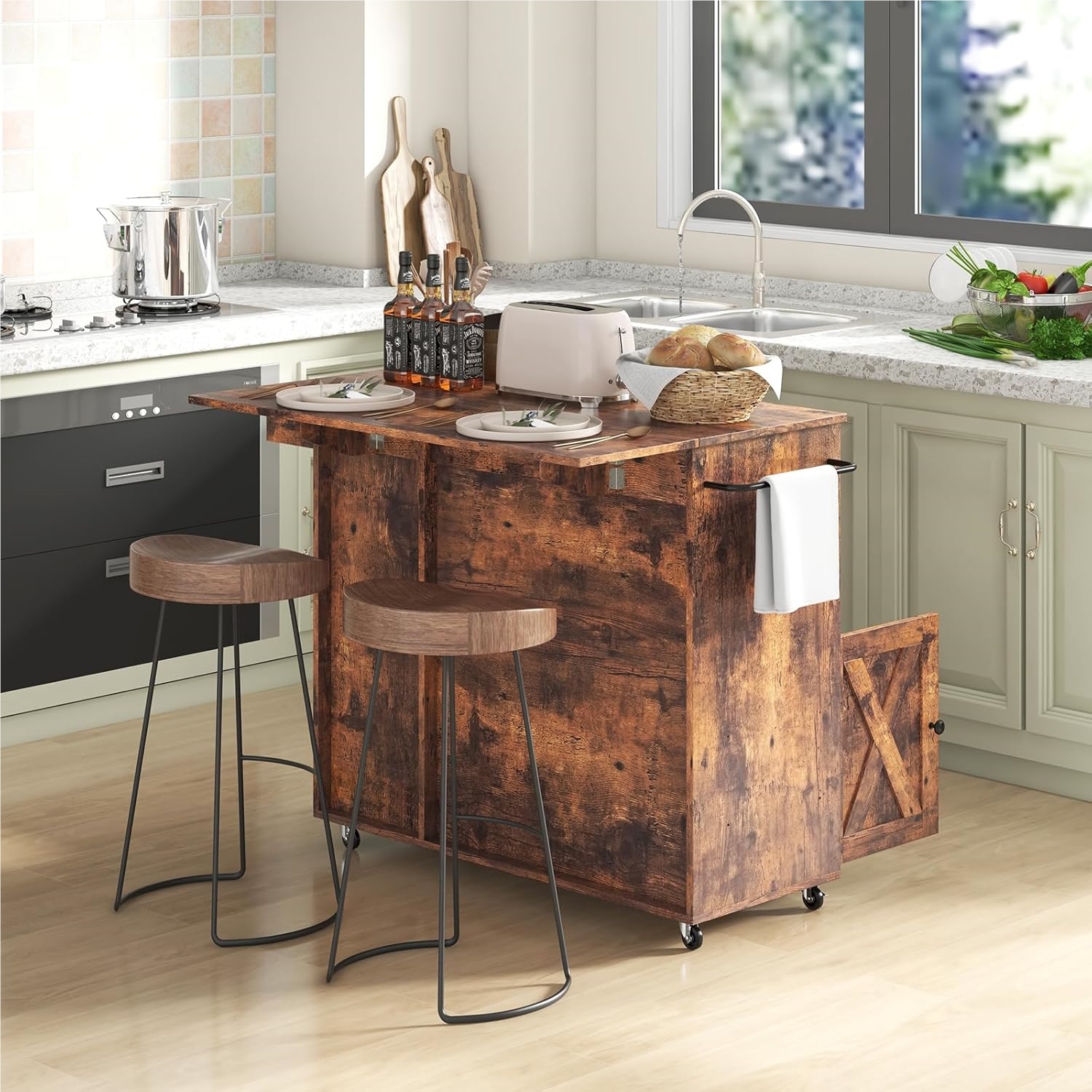 Image of Kitchen Cart On Wheels, Serving Cart With Foldable Worktop & Spice Rack, Wooden Kitchen Island With Wine Rack & Drawer & Glass Holder, Kitchen Island Cart Rollable, For Kitchen Dining Room, Brown