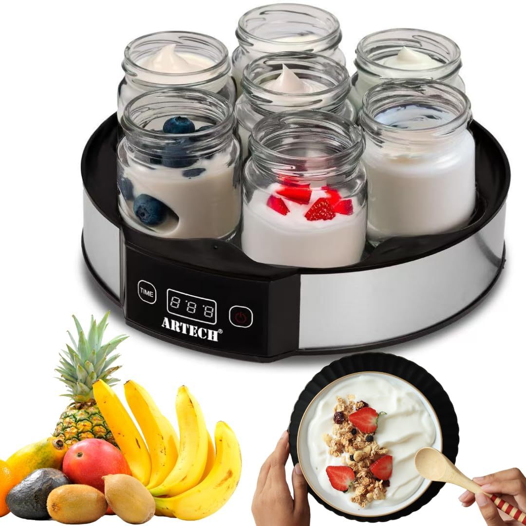 TEMU Digital Yoghurt Maker With 7 Glass Jars – Electric, Compact, Stainless Steel Machine With Led Display & Timer – 180ml Glass Containers – For