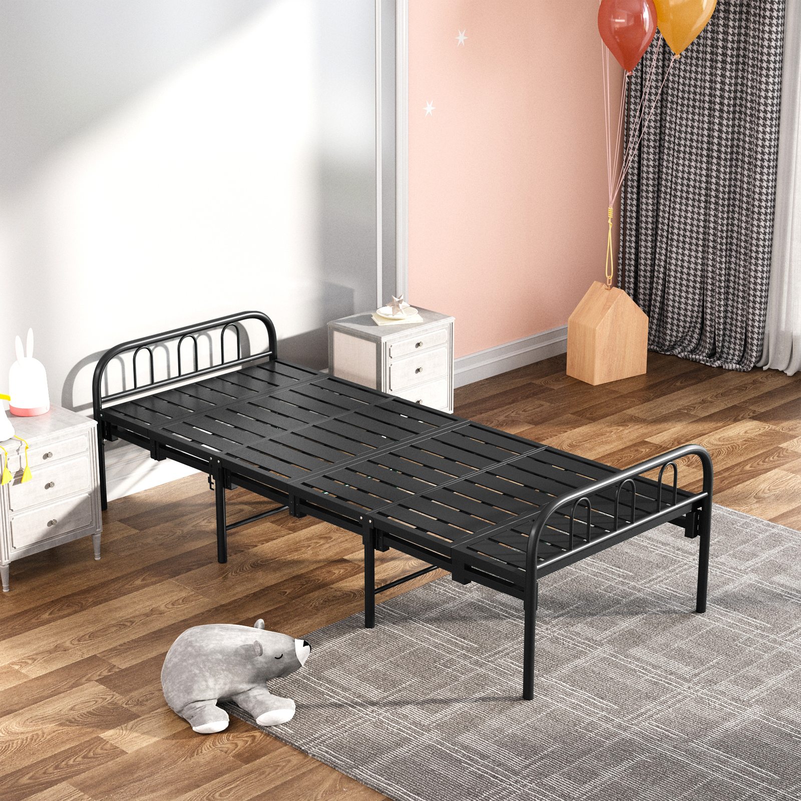 TEMU 1pc Folding Single Bed - No Assembly Metal Platform Bed Frame, Heavy Duty Metal, 150kg Capacity, 194×80×60cm, Local Warehouse