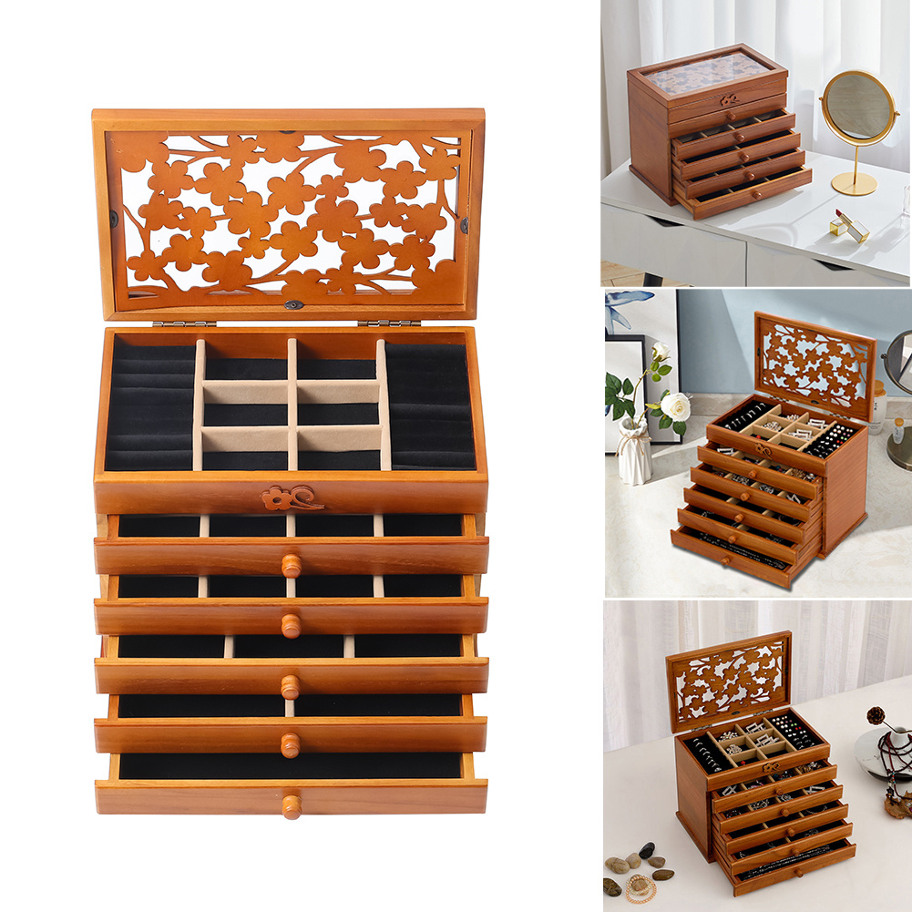 TEMU Large Jewelry Box Handcrafted Solid Wood Jewelry Box Hand- Pattern, Storage Organizer For Necklaces, Rings, Watches - Antique-style Decorative ,